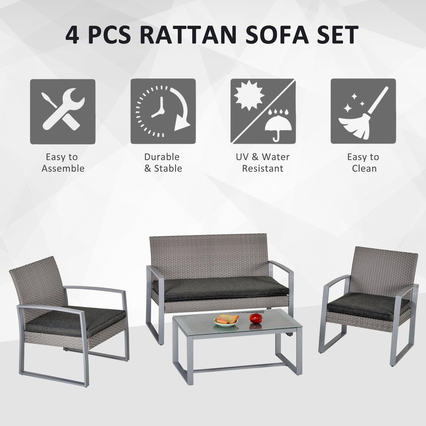 Outsunny 4 PCs PE Rattan Wicker Sofa Set Outdoor Conservatory Furniture Lawn Patio Coffee Table w/ Cushion, Grey