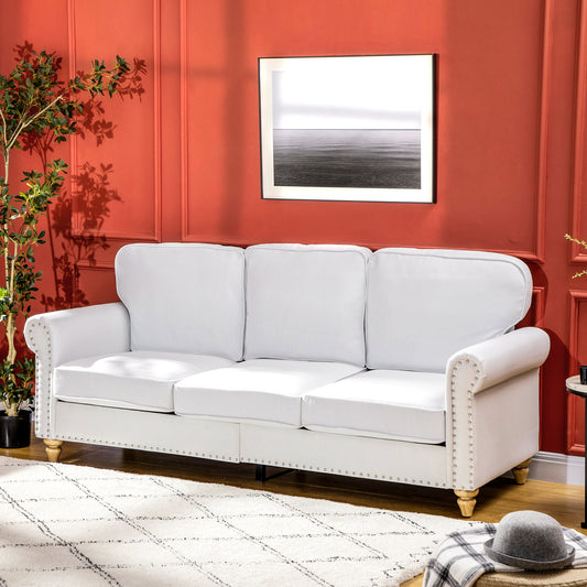 3-Seater Sofa Couch, 81" Modern Linen Fabric Sofa with Rubberwood Legs, Studded Trim and Rolled Arms for Living Room, Bedroom and Apartment, White