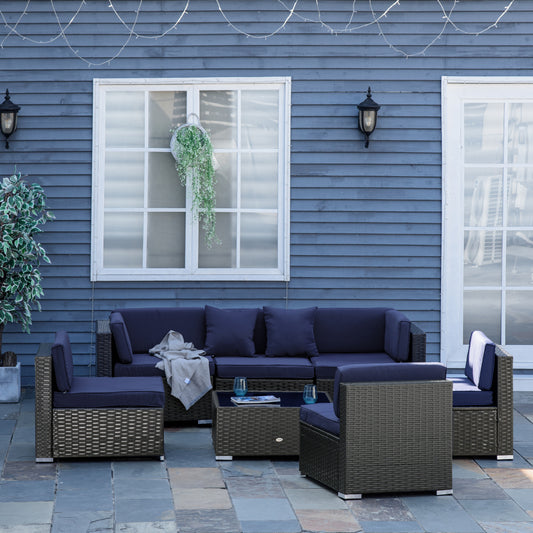 Outsunny 7 Pieces Rattan Patio Furniture Set for Garden, Lawn, and Deck, Dark Blue