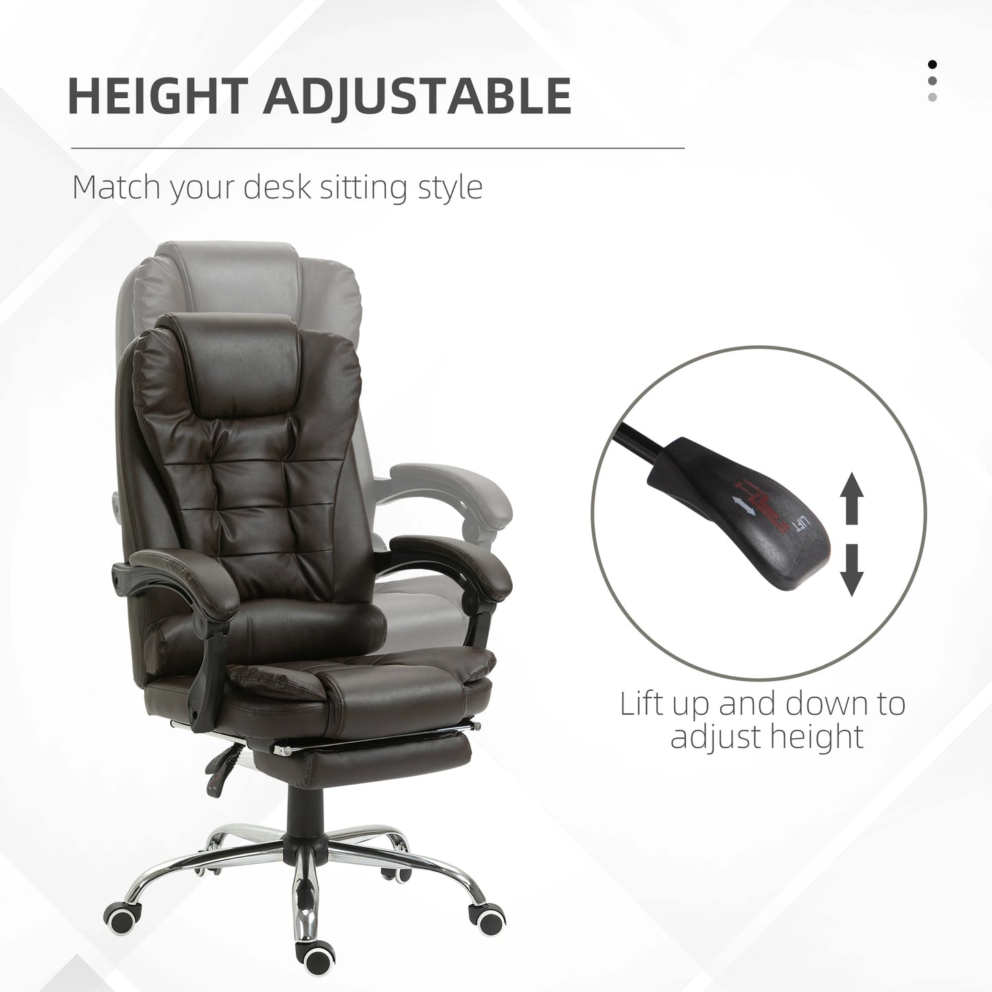 Ergonomic Executive Office Chair High Back PU Leather Reclining Chair with Retractable Footrest Lumbar Support Padded Headrest Armrest Dark Brown