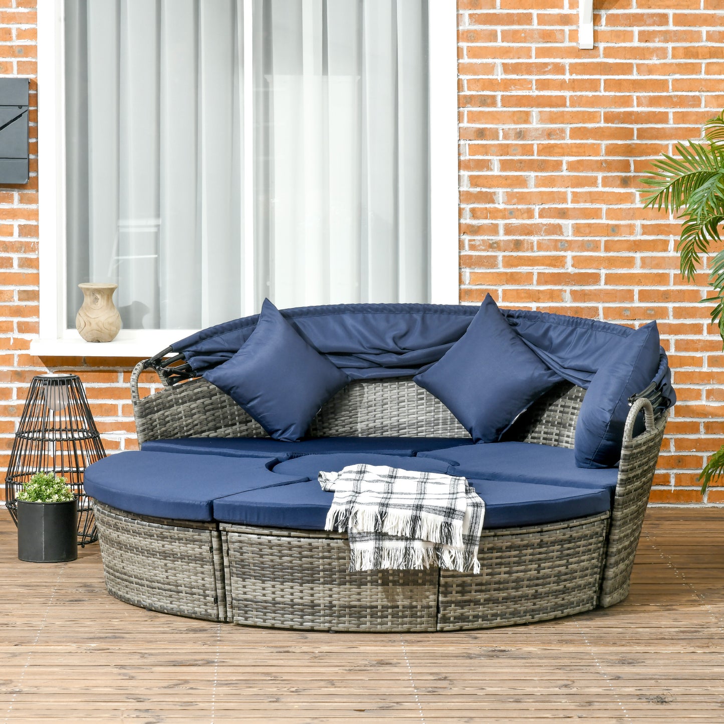 Outsunny 4 Pieces Outdoor Daybed, Patio Lounge Chair with Cushioned Round Sofa Bed, Sectional Patio Conversation Furniture Set with Canopy & Coffee Table, Dark Blue