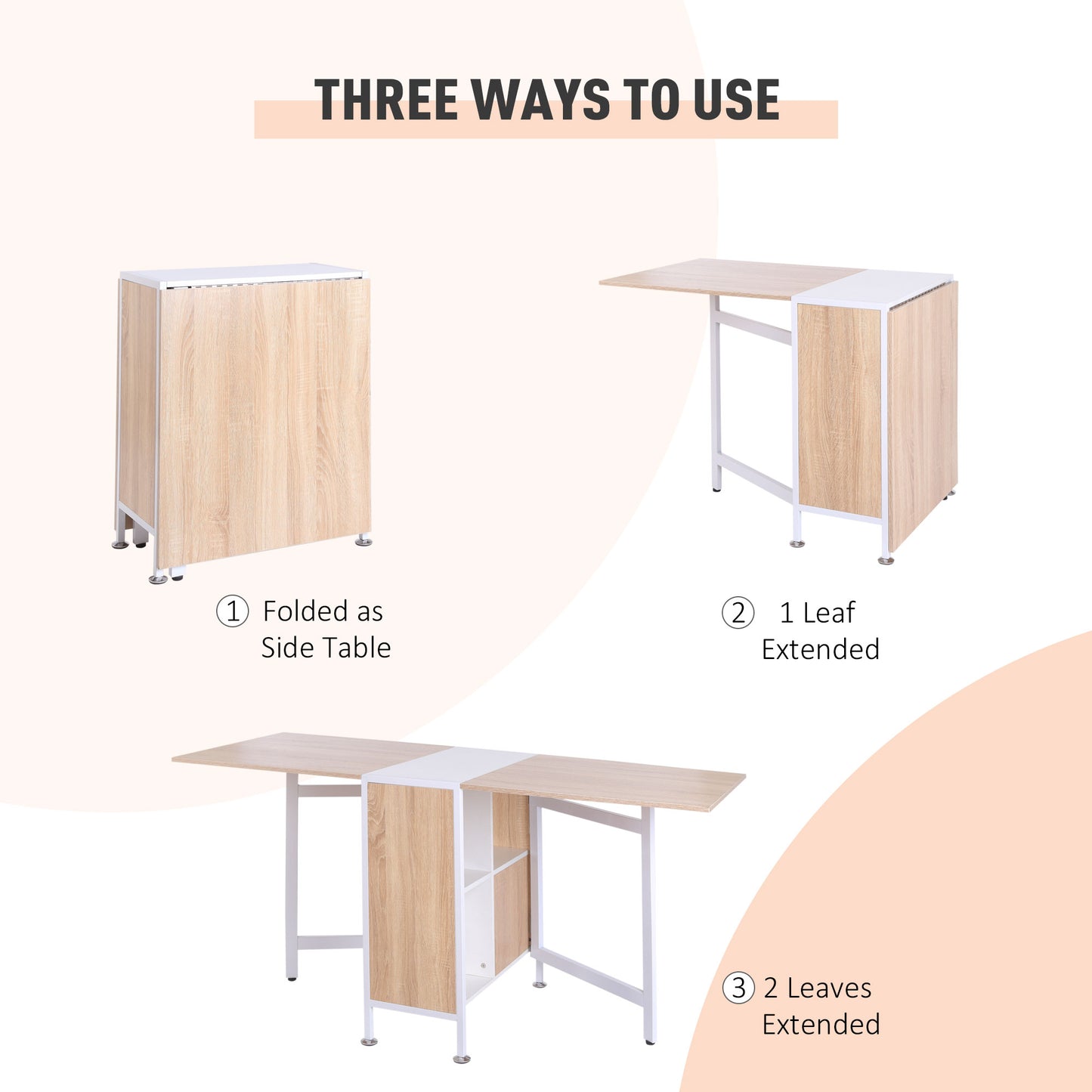 Multi-use Space Saving Folding Dining Table with Hideaway Shelves for Kitchen, Dining, Study and Office