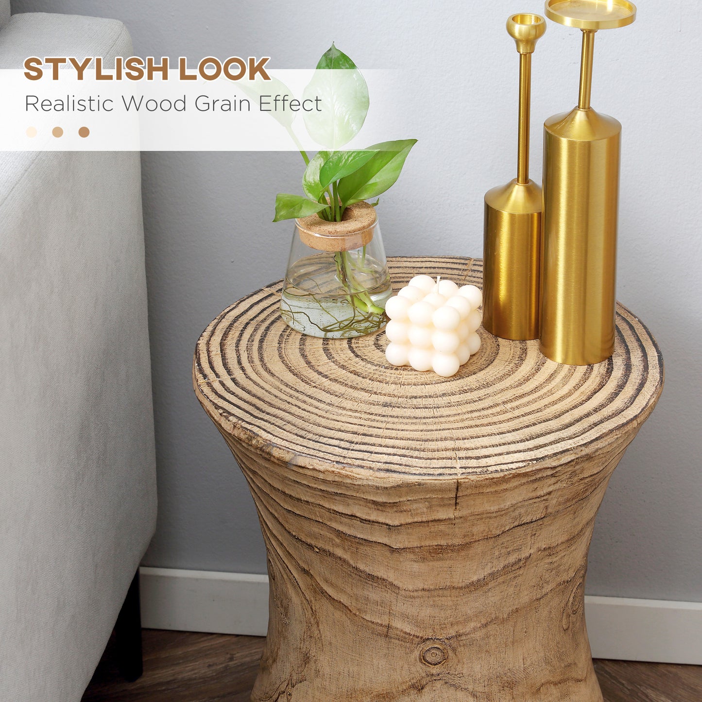 Side Table with Round Table, Hourglass Shape End Table with Wood Grain Finish, for Indoor and Outdoor Use, Natural