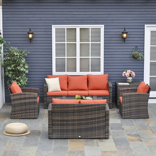 Outsunny 6 Piece Outdoor Rattan Wicker Sofa Set Sectional Patio Conversation Furniture Set w/ Storage Table & Cushion Orange