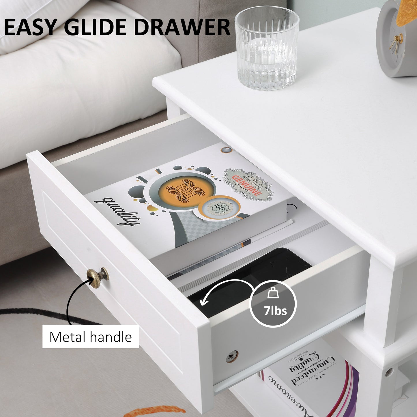 Modern Nightstand, Accent End Side Table with Drawer and Storage Shelf, Bedside Table for Bedroom Living Room, White