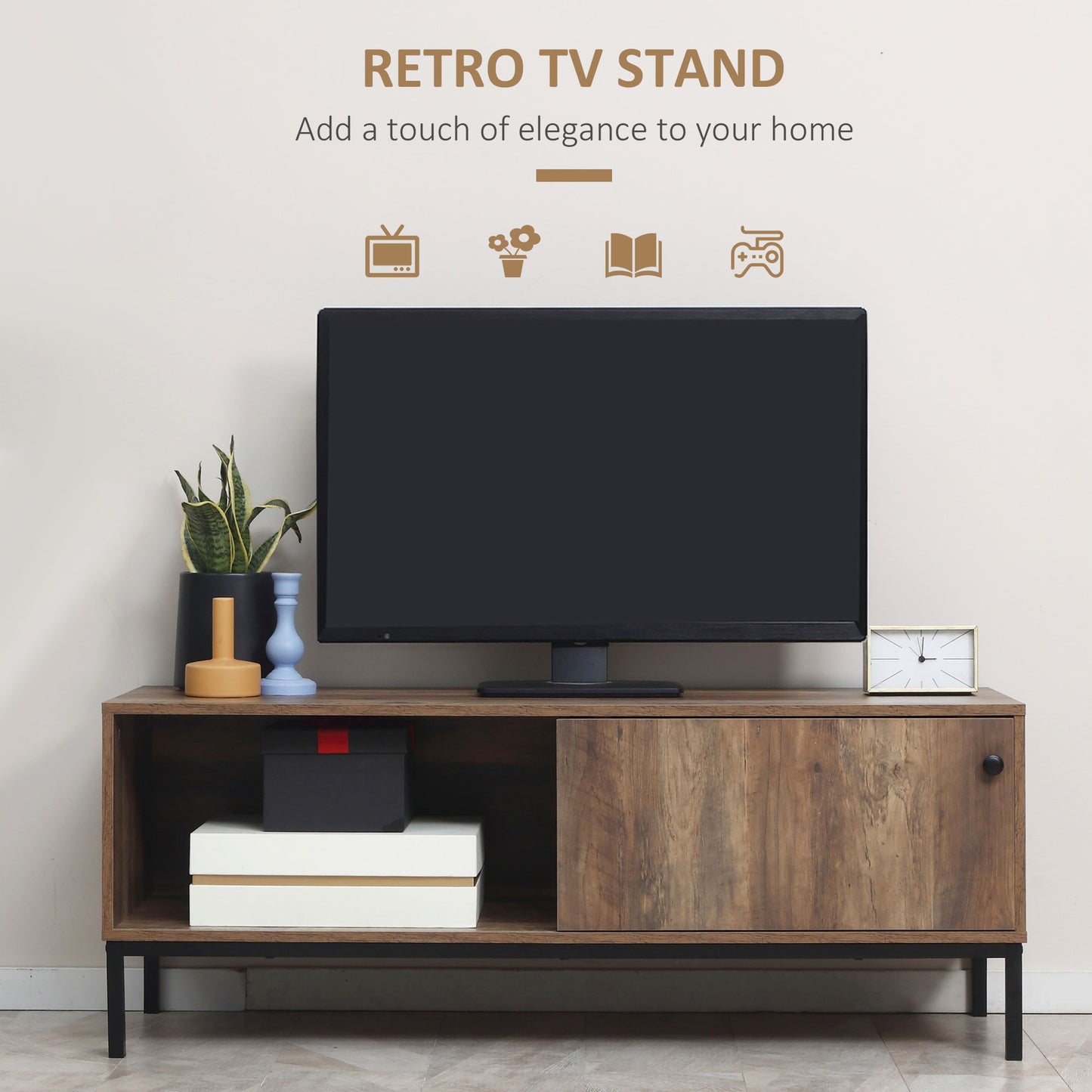 Retro TV Cabinet for TVs up to 50", TV Stand with 3 Compartments, Media Console with Sliding Door for Living Room, Coffee