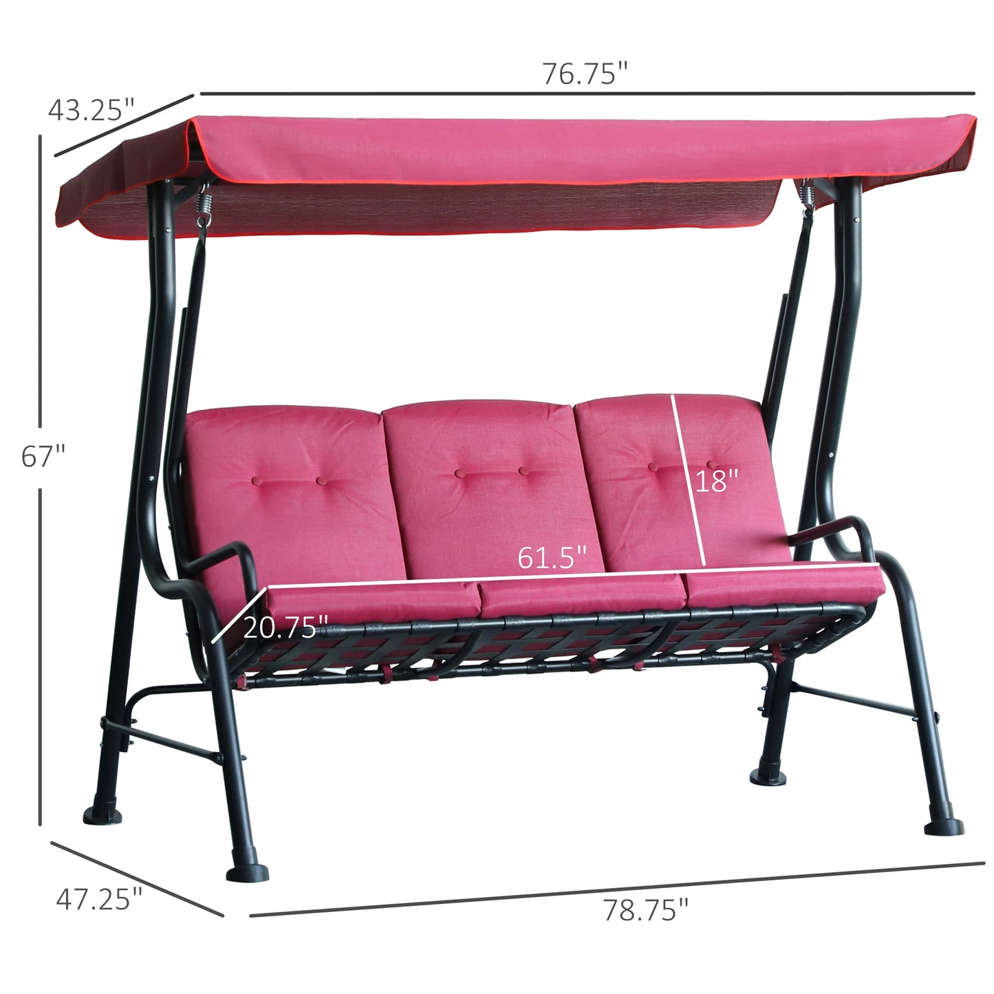 Outsunny 3-Seat Glider Porch Swing with Stand Outdoor Metal Porch Swing Chair Bench Canopy Top