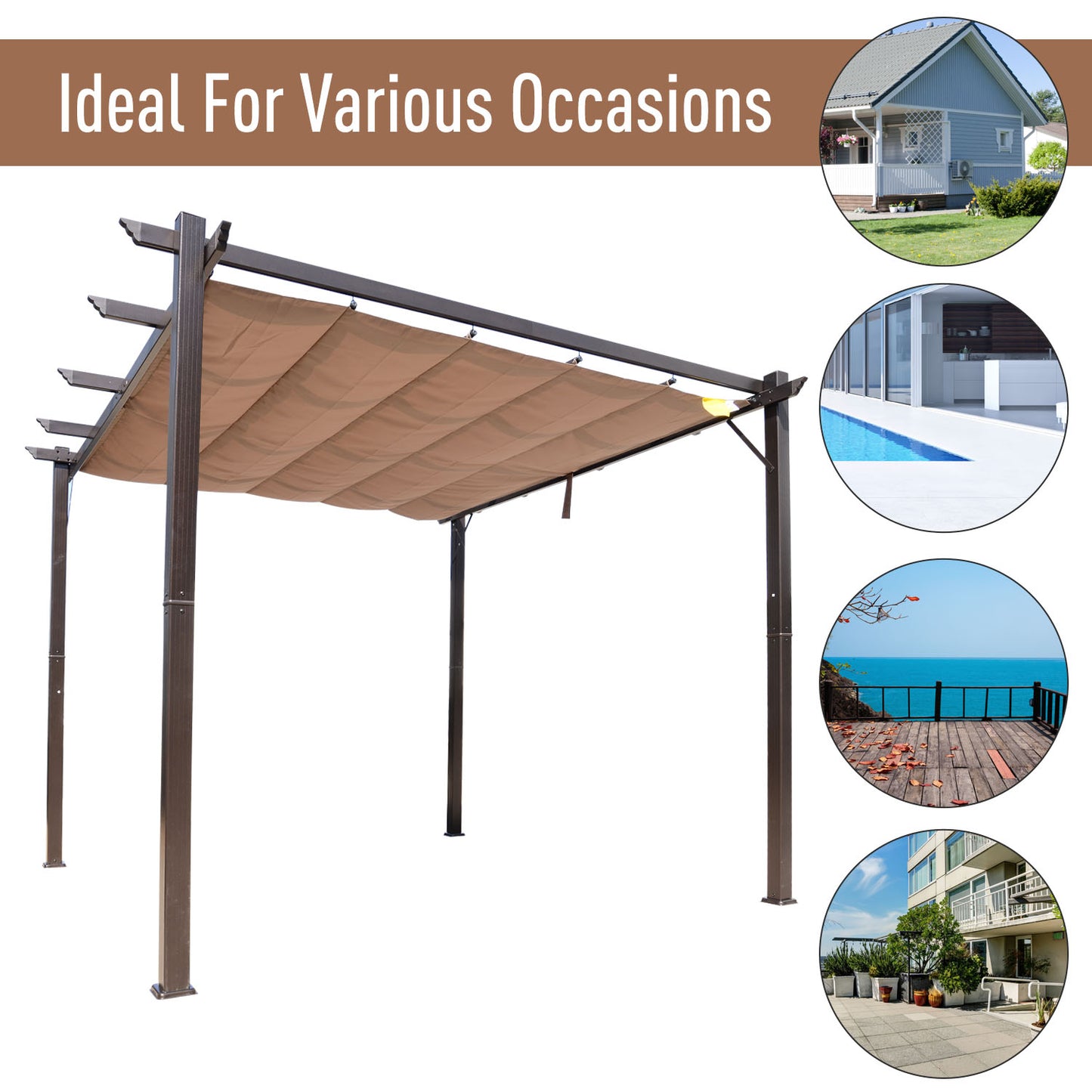 10' x 10' Aluminium Outdoor Pergola Gazebo Backyard Canopy Cover Square Sunshade Garden Grape Trellis Coffee