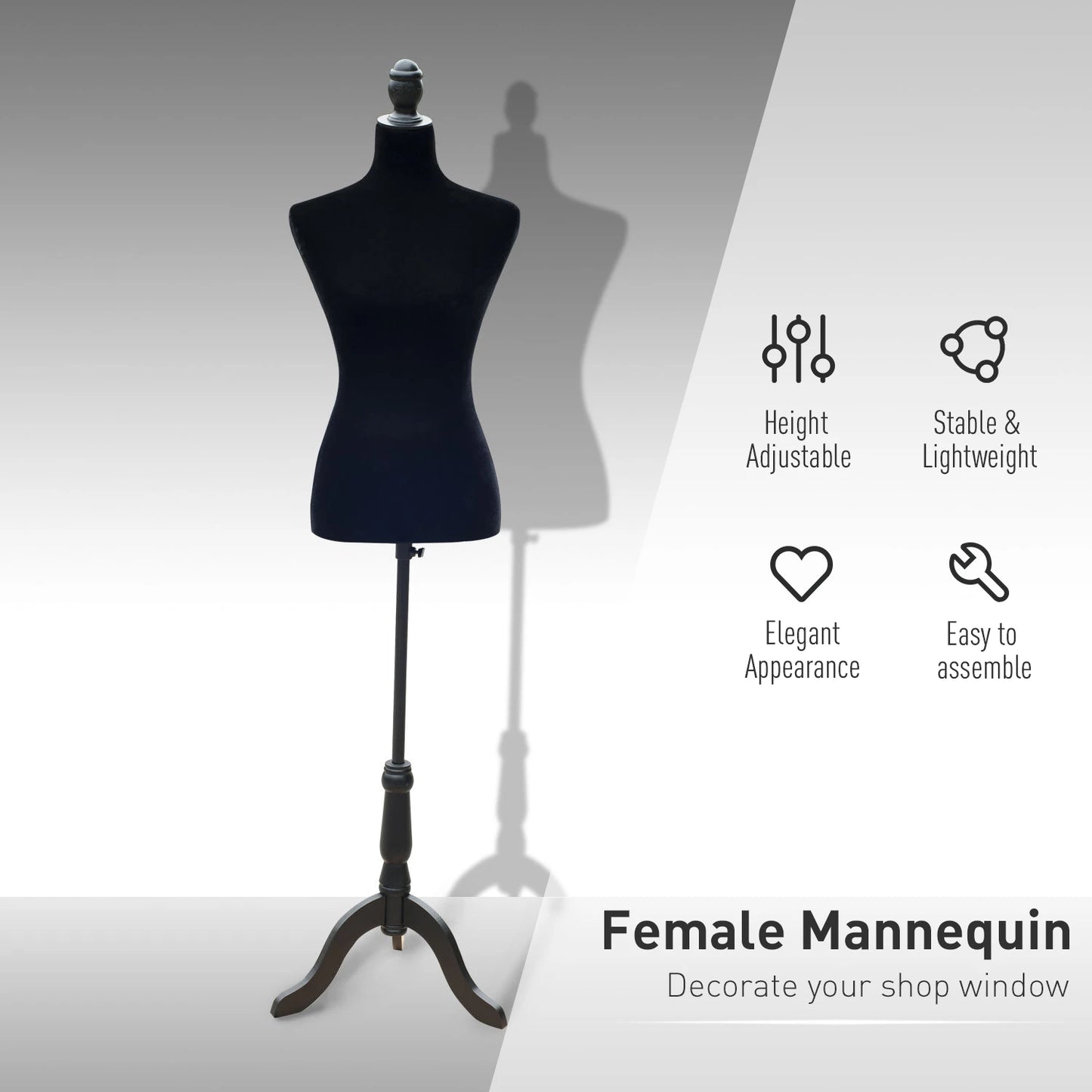 Female Fashion Mannequin Dress Form Torso Dressmaker Stand Clothing Display w/ Base Black