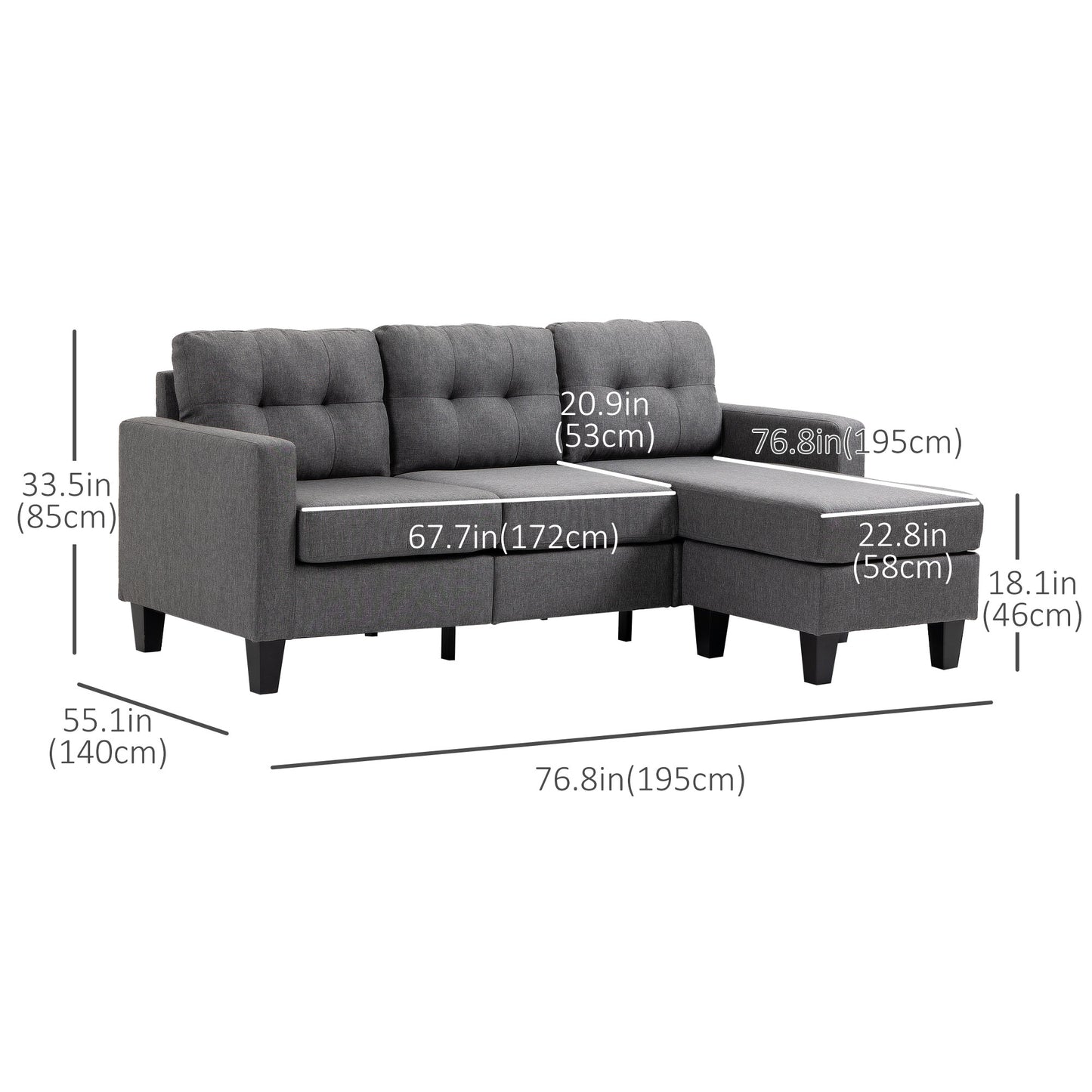 Corner Sofa, Chaise Lounge Furniture, 3 Seater Couch with Ottoman L Shaped Sofa Settee with Thick Padded Cushion for Living Room, Office, Light Grey