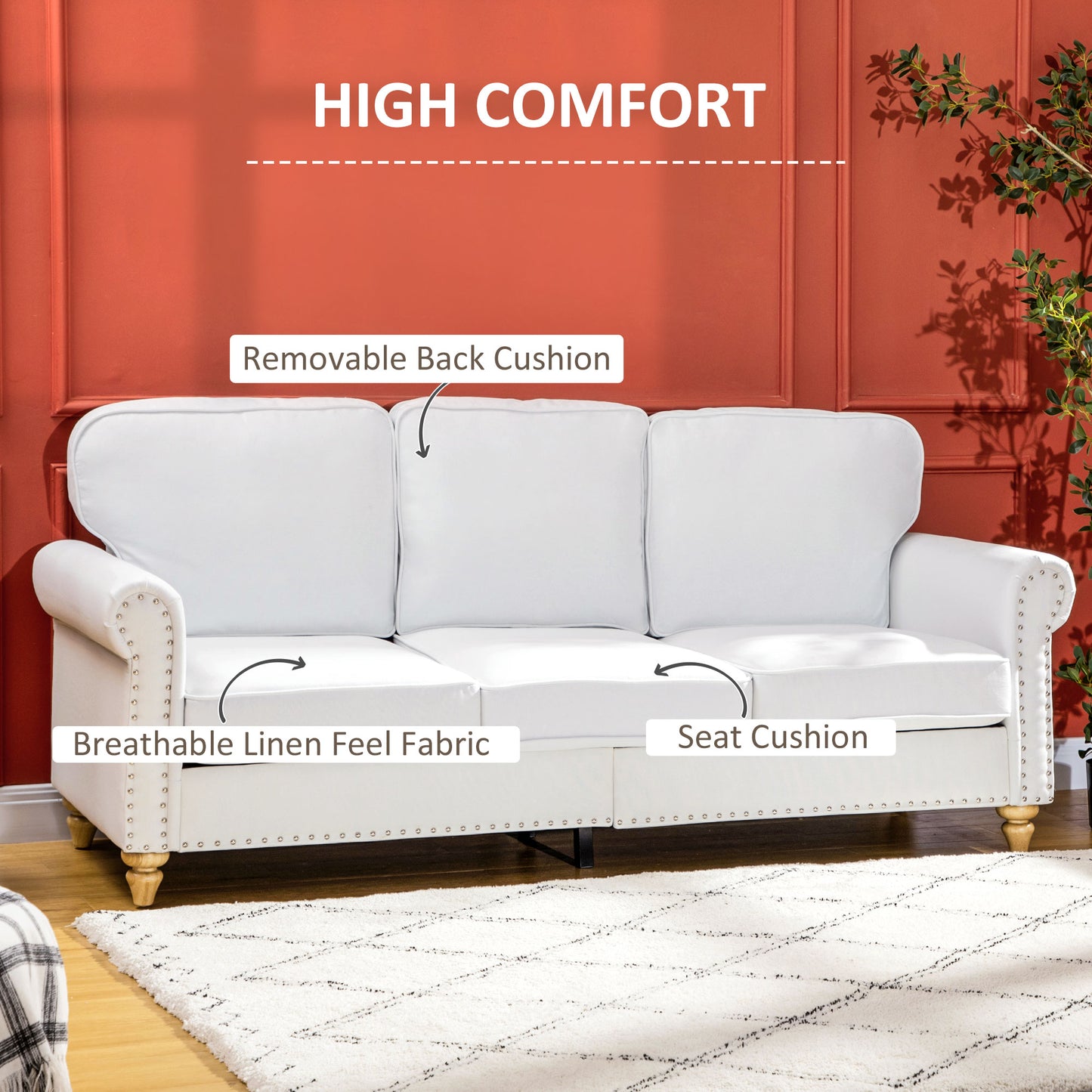 3-Seater Sofa Couch, 81" Modern Linen Fabric Sofa with Rubberwood Legs, Studded Trim and Rolled Arms for Living Room, Bedroom and Apartment, White