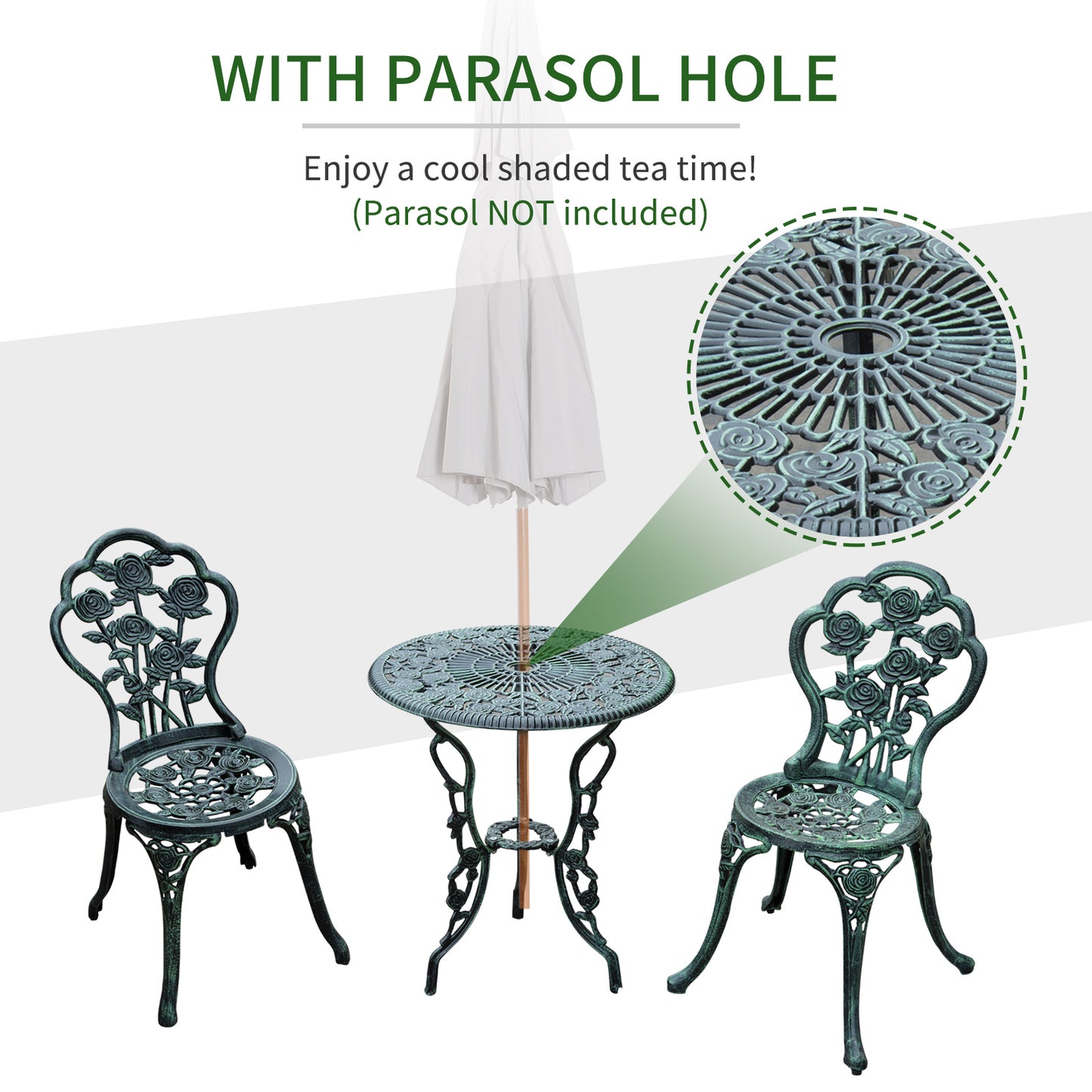 Outsunny 3 Pieces Antique Style Patio Bistro Table Chair Set Outdoor Garden Furniture Indoor Tea Table w/ Umbrella Hole and Chair Set, Antique Green