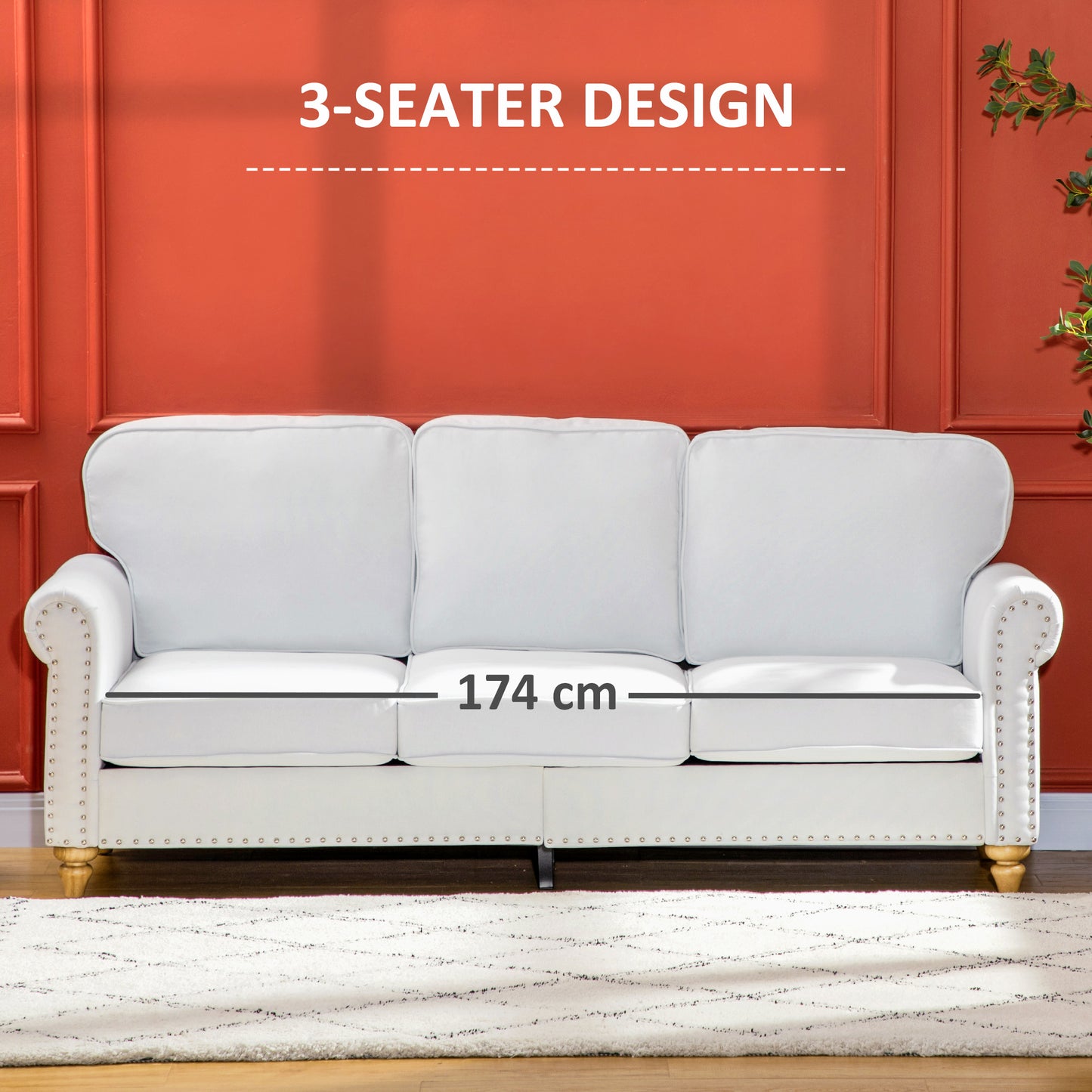 3-Seater Sofa Couch, 81" Modern Linen Fabric Sofa with Rubberwood Legs, Studded Trim and Rolled Arms for Living Room, Bedroom and Apartment, White