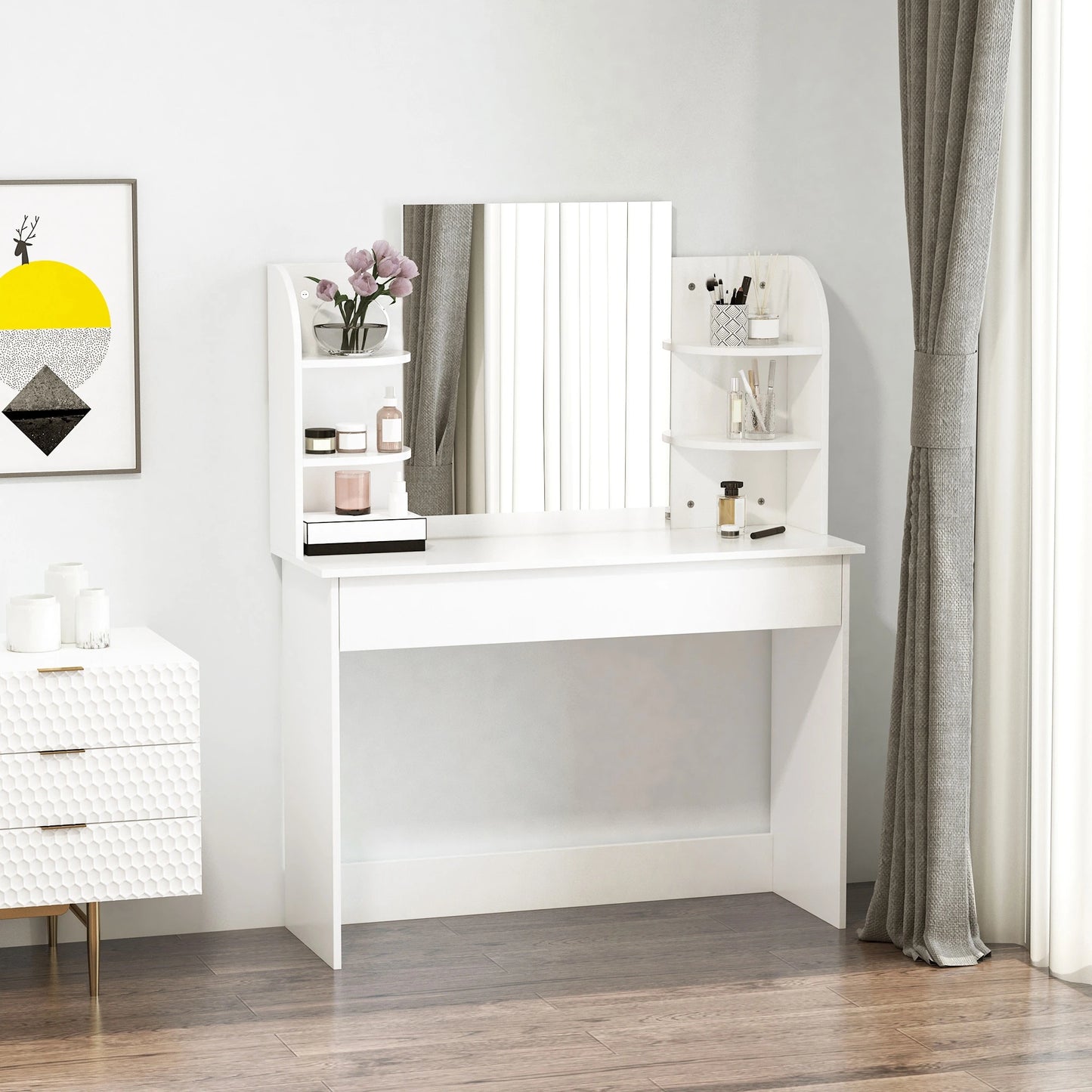 Vanity Table Wood Dressing Table w/ Makeup Mirror, Big Drawers, Open Shelf for Bedroom White