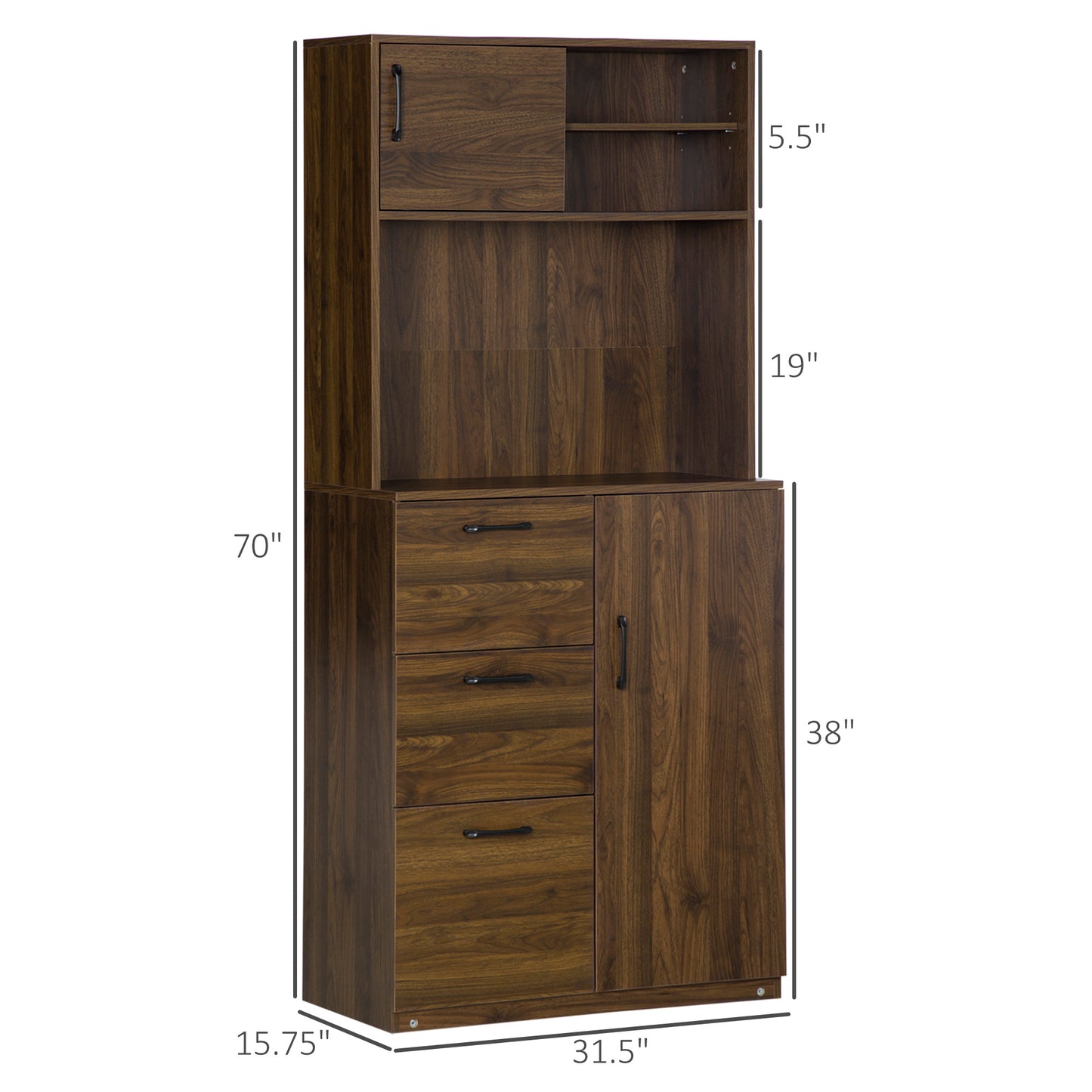 Kitchen Buffet and Hutch Storage Pantry Cupboard with Sliding Door,4 Adjustable Shelves,3 Drawers, Microwave Cabinet for Dining Room, Living Room, Entryway, Walnut