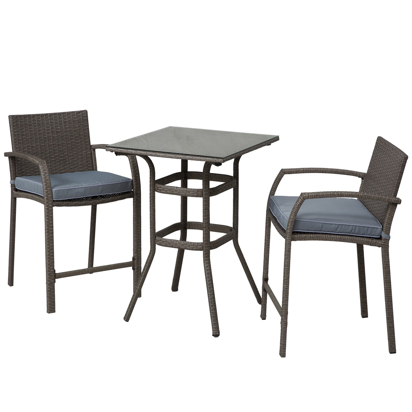 Outsunny 3 Pieces Outdoor Wicker Bistro Bar Set Garden PE Rattan Bar Table and Stools with Seat Cushion, Grey