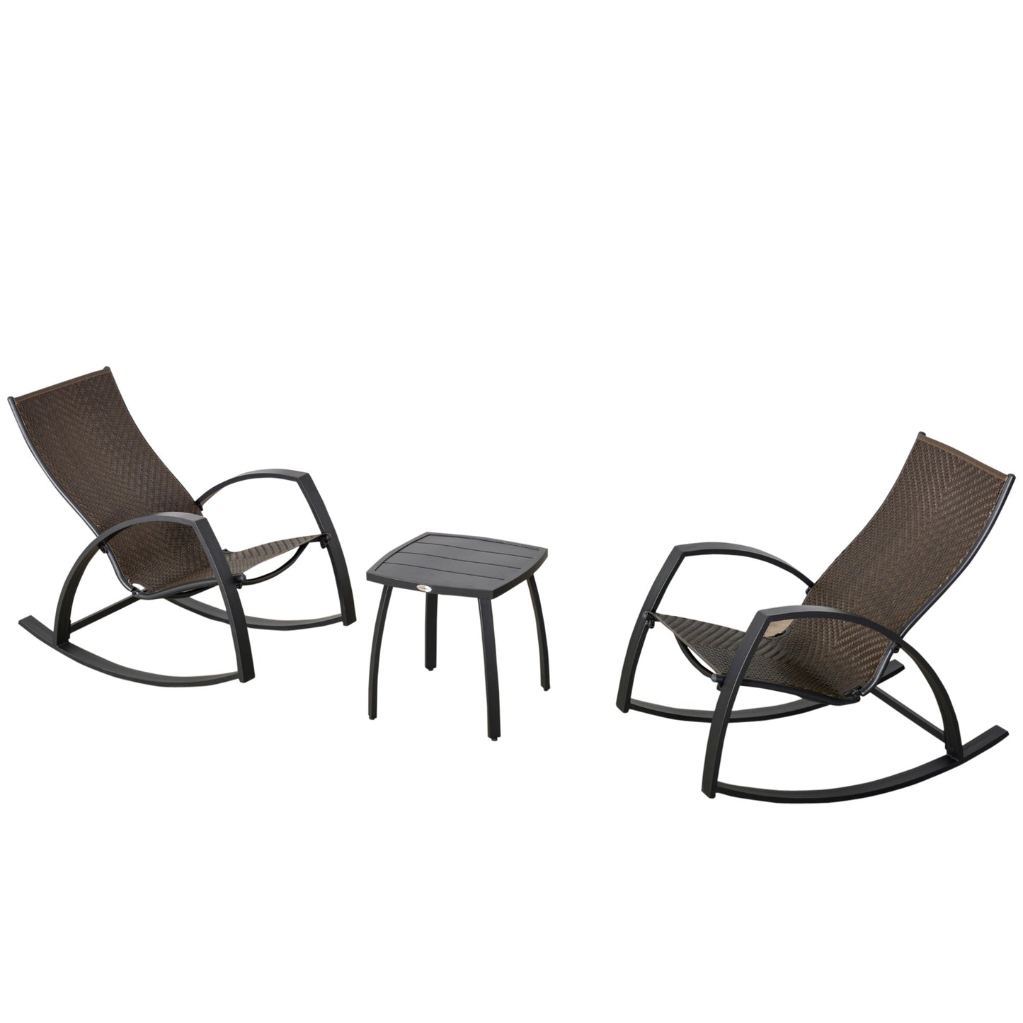 3 Pieces Patio Wicker Rocking Chair Set, Outdoor PE Rattan Bistro Rocker Set w/ Aluminum Frame, and Glass Top Coffee Table for Garden, Porch, Poolside, Brown