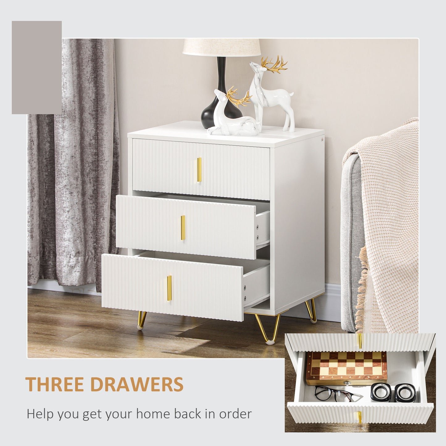 Drawer Chest, 3-Drawer Storage Cabinet Unit with Metal Legs for Living Room, 19.7"x15.7"x24.8", White