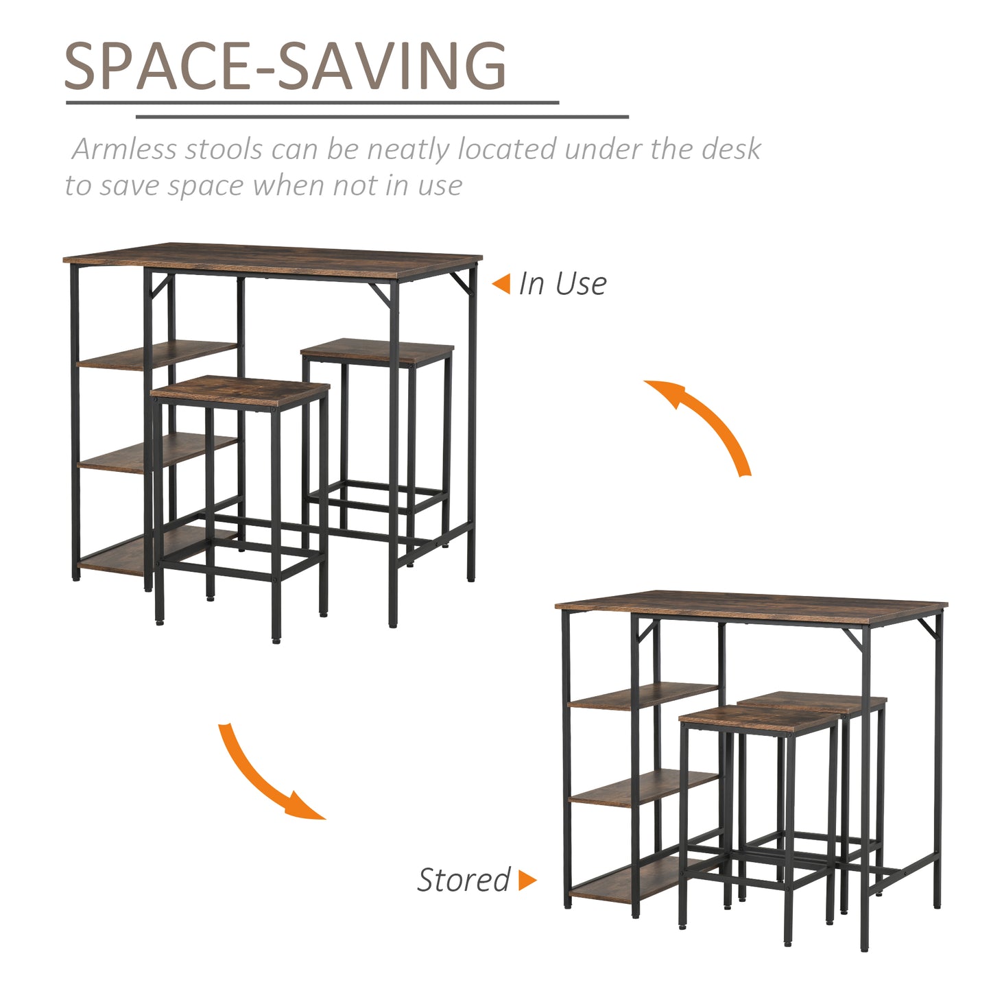 3 Pieces Industrial Bar Height Dining Table Set with Storage Shelf & 2 Stools