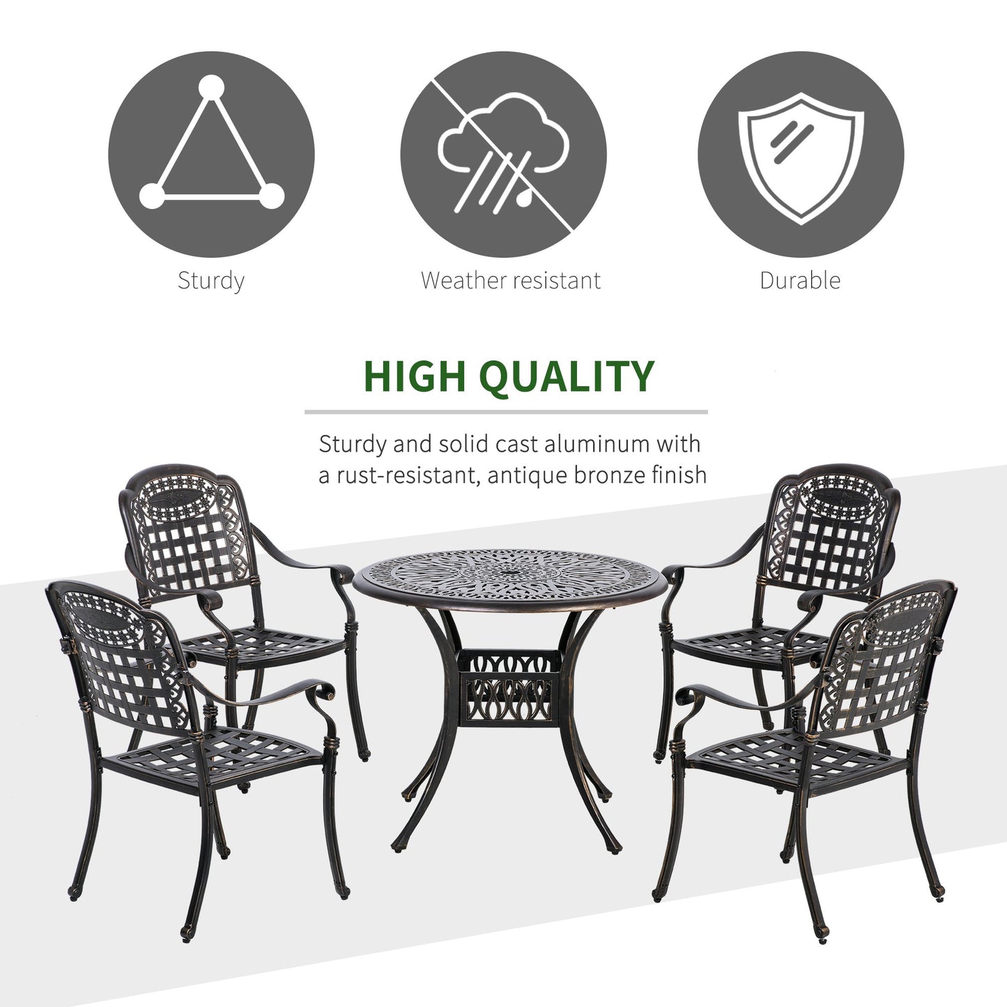 Outsunny 5-Piece Outdoor Patio Dining Set with 4 Armchairs & 1 Table with Umbrella Hole Cast Aluminium