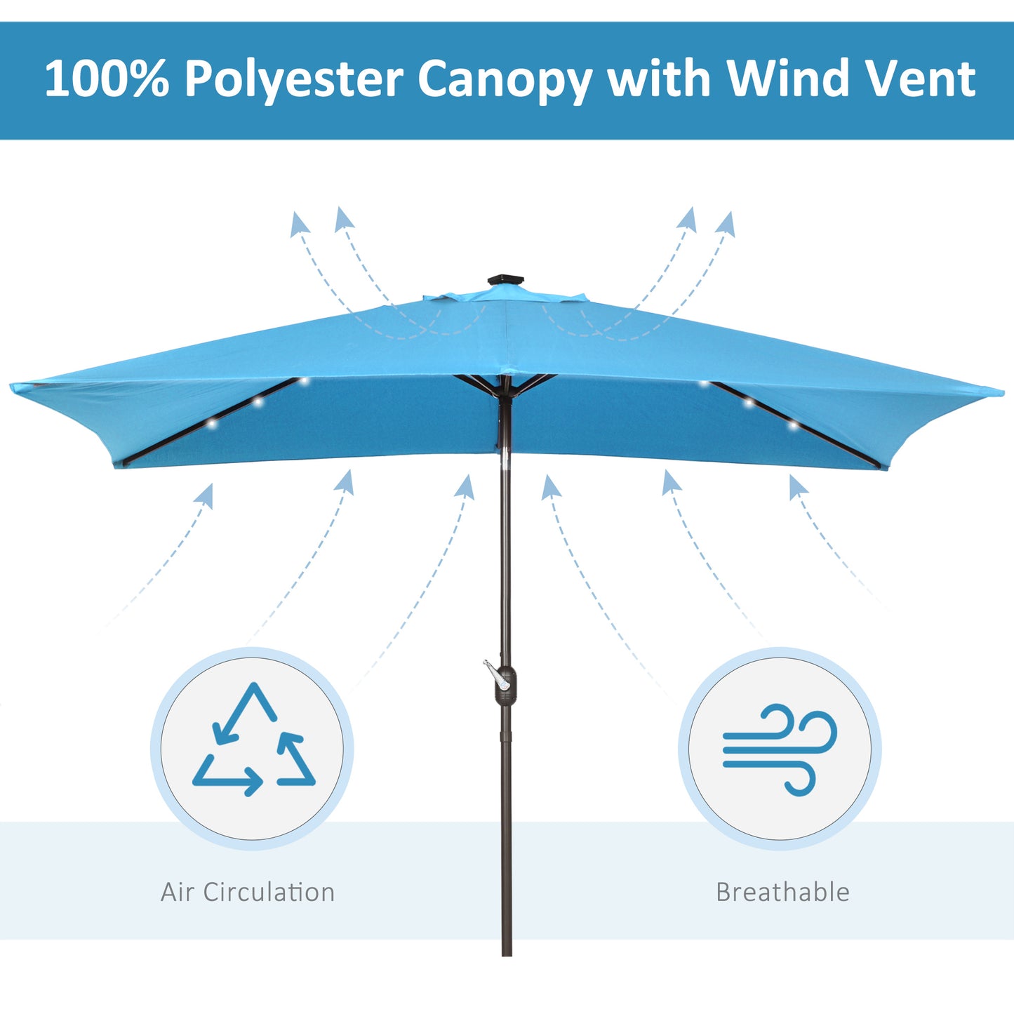 Outsunny 6.5x10ft Patio Umbrella Rectangle Solar Powered Tilt Aluminum Outdoor Market Parasol with LEDs Crank (Turquoise)