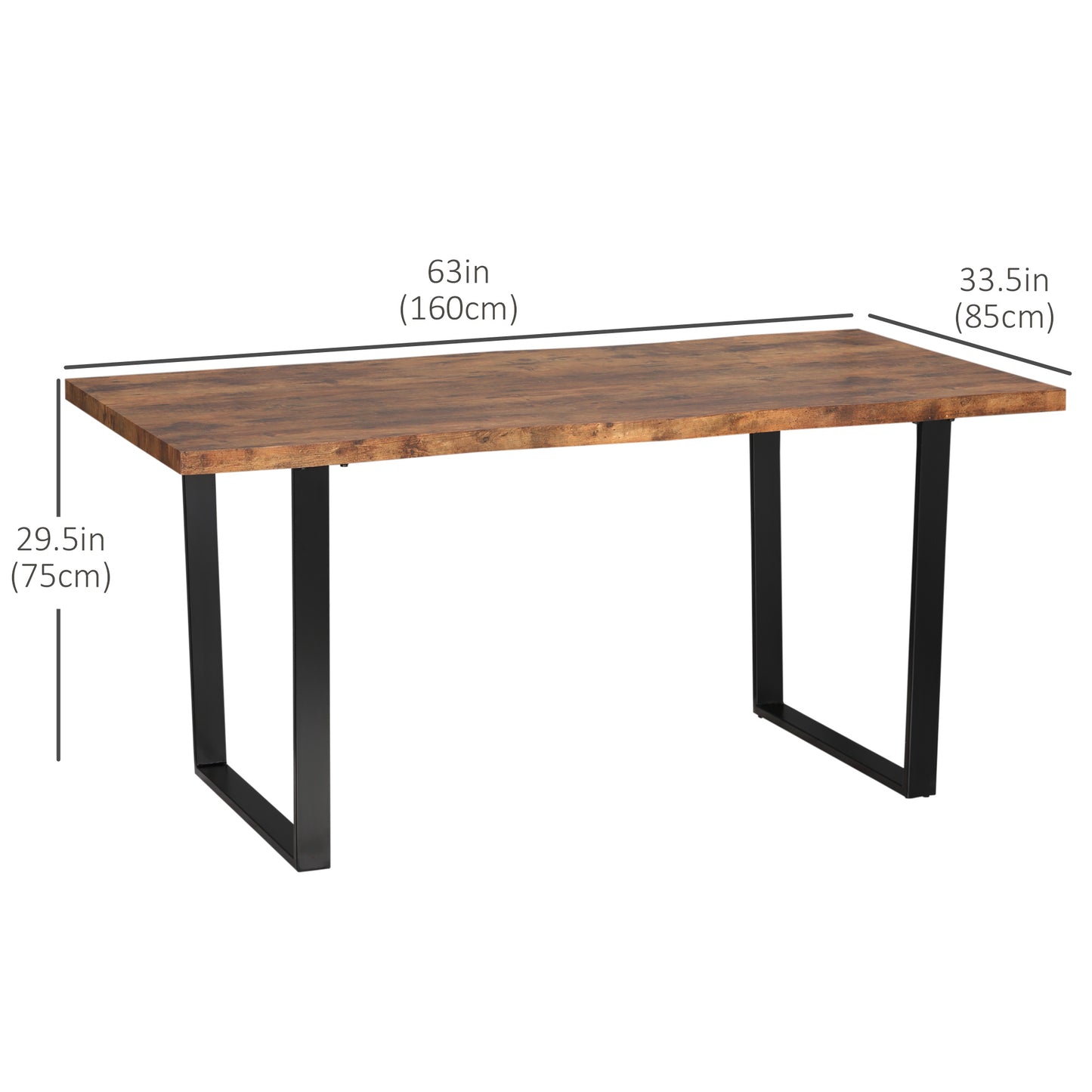 63" Dining Table, Industrial Kitchen Table with Wave-edged Tabletop and Steel Legs for Up to 6 People, Rustic Brown