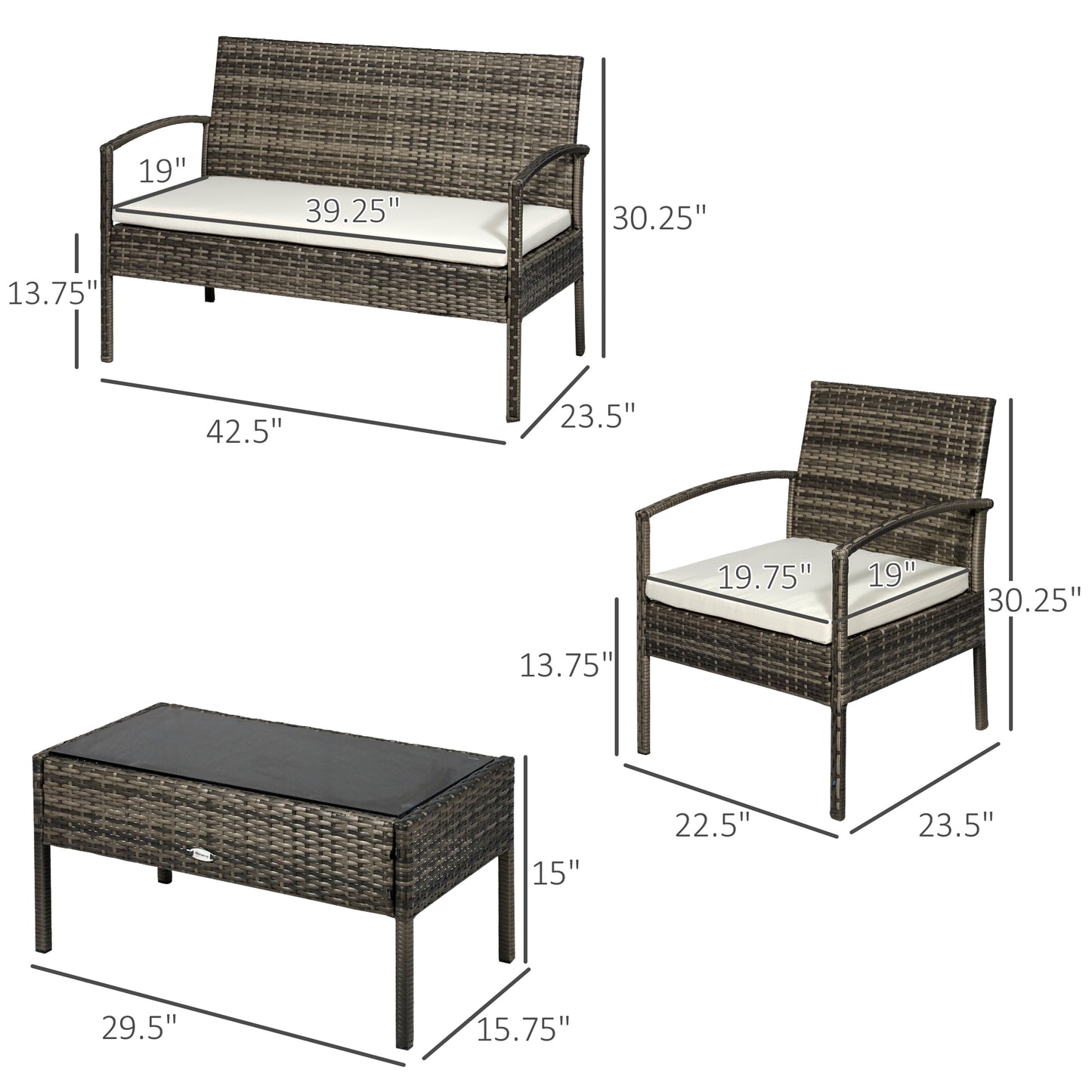 Outsunny 4pcs Outdoor Rattan Wicker Patio Conversation Set Grey