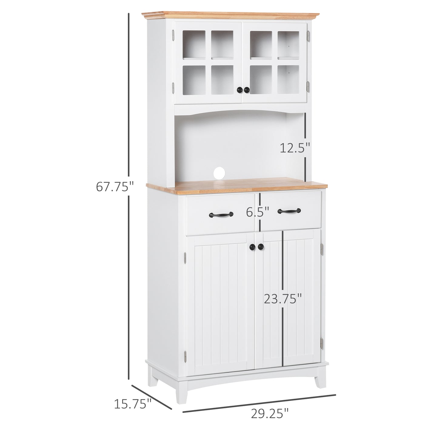 Coastal Style Kitchen Buffet and Hutch Wooden Storage Cabinet with Framed Glass Door Drawers Microwave Space for Dining Room Living Room White