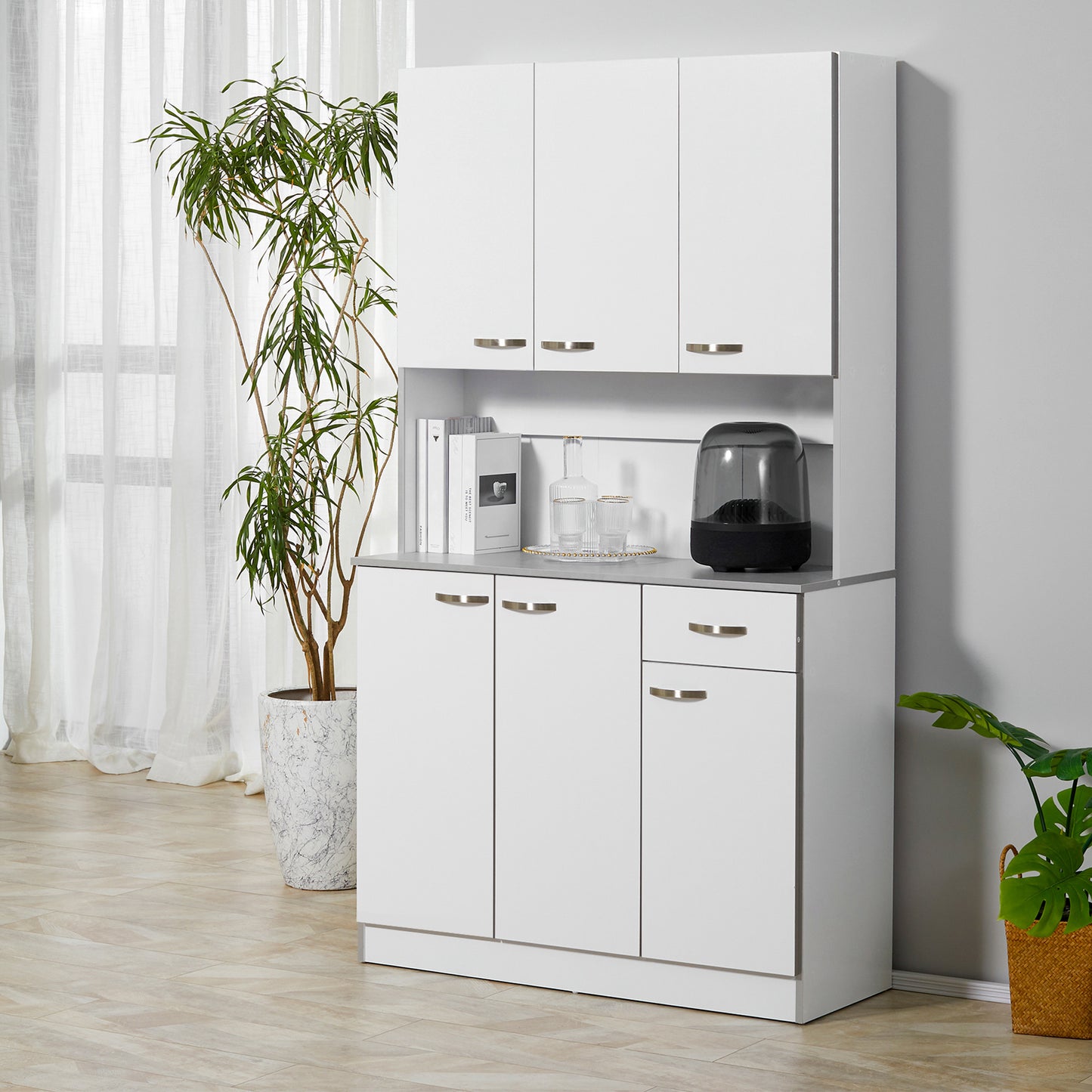 71" Modern Buffet with Hutch, Standing Kitchen Hutch with Storage Cabinets, Drawer, Open Space with Microwave Stand, White