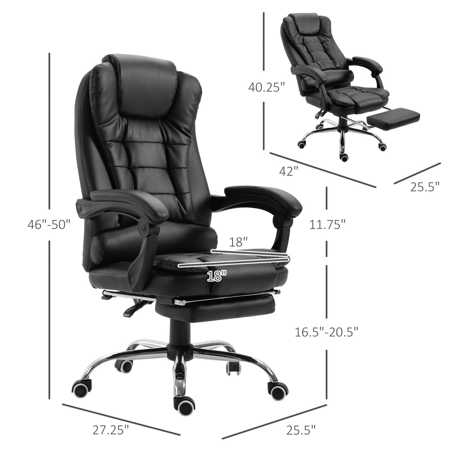 Ergonomic Executive Office Chair High Back PU Leather Reclining Chair with Retractable Footrest Lumbar Support Padded Headrest Armrest Black