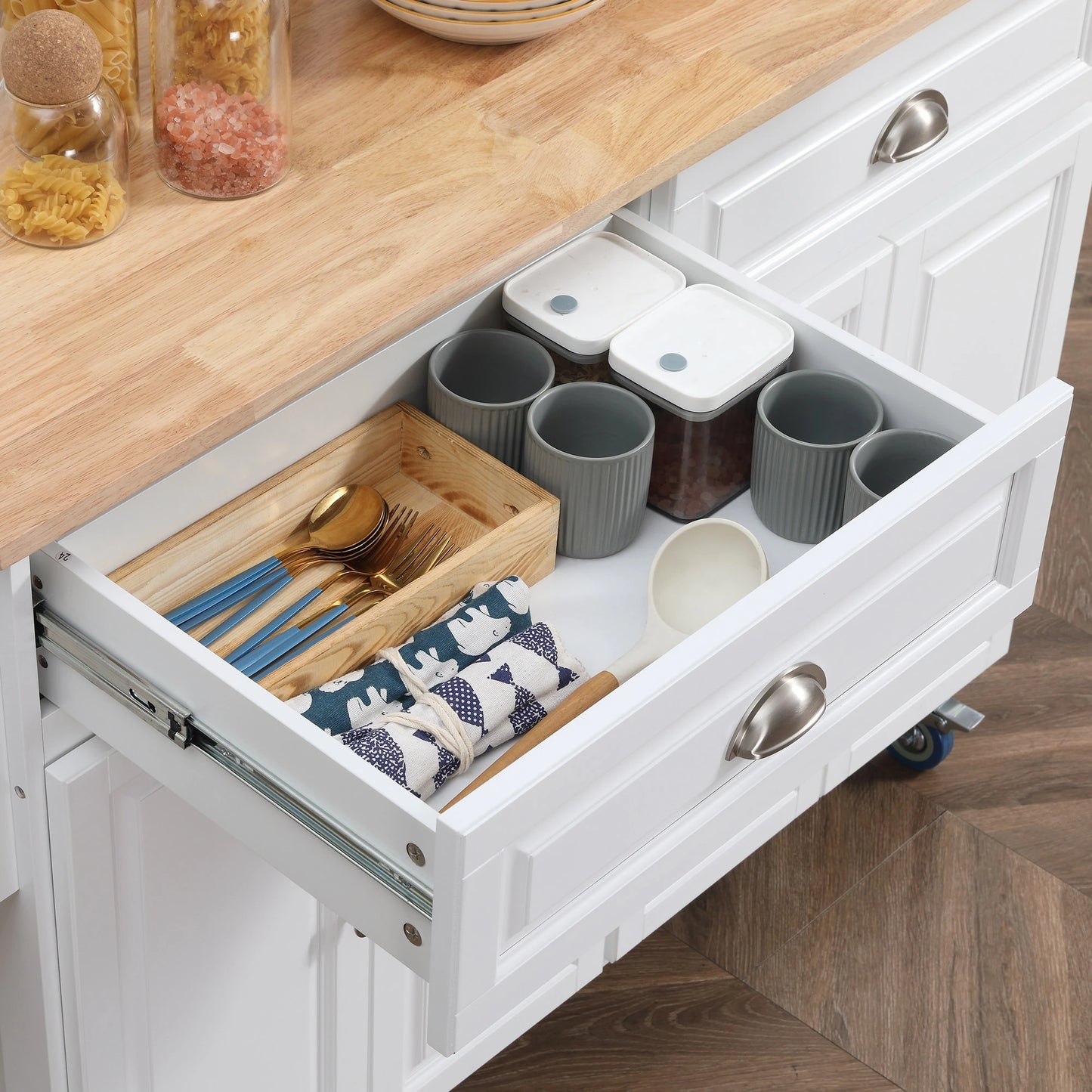 Rolling Kitchen Island on Wheels Utility Cart with Drop-Leaf and Rubber Wood Countertop, Storage Drawers, Door Cabinets, White