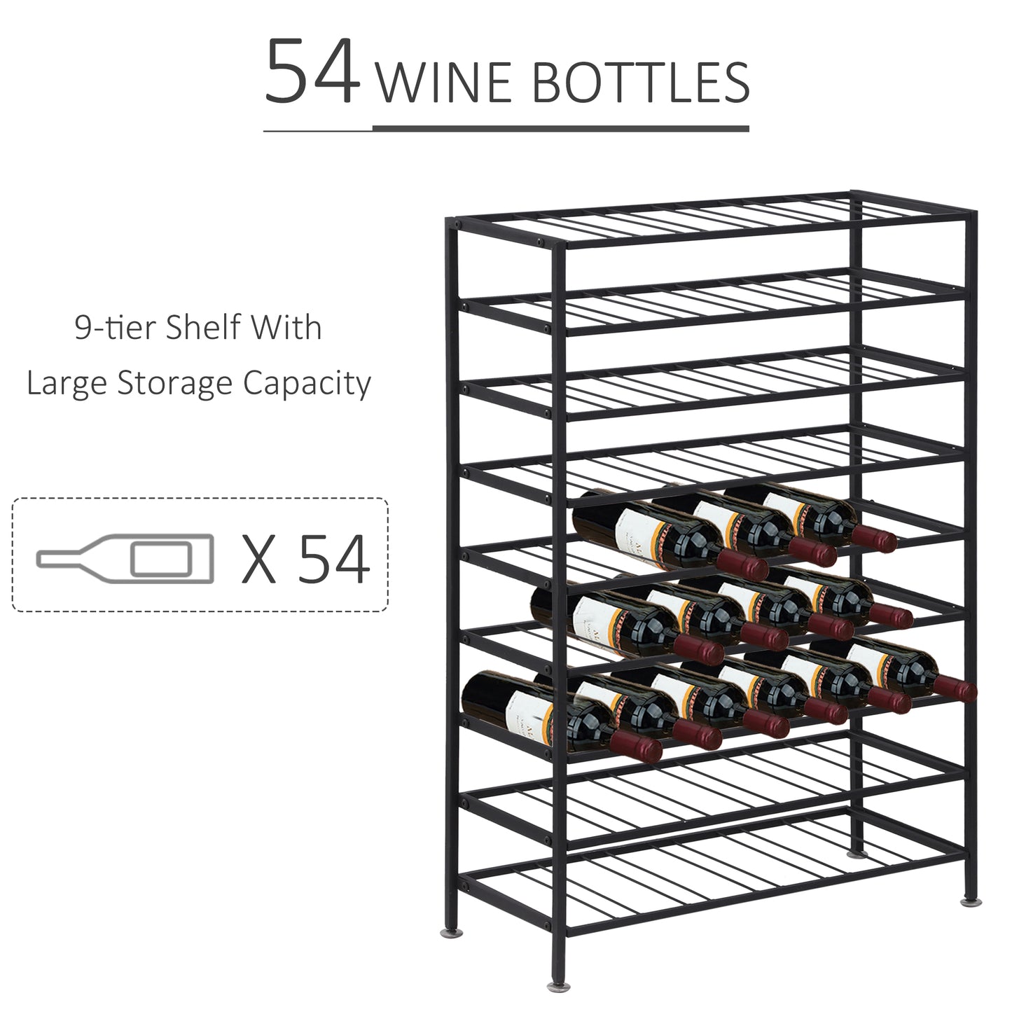 9-Tier Metal Wine Bottle Rack 54 Bottles Freestanding Wine Storage Holder Home Bar Wine Display Stand, Black