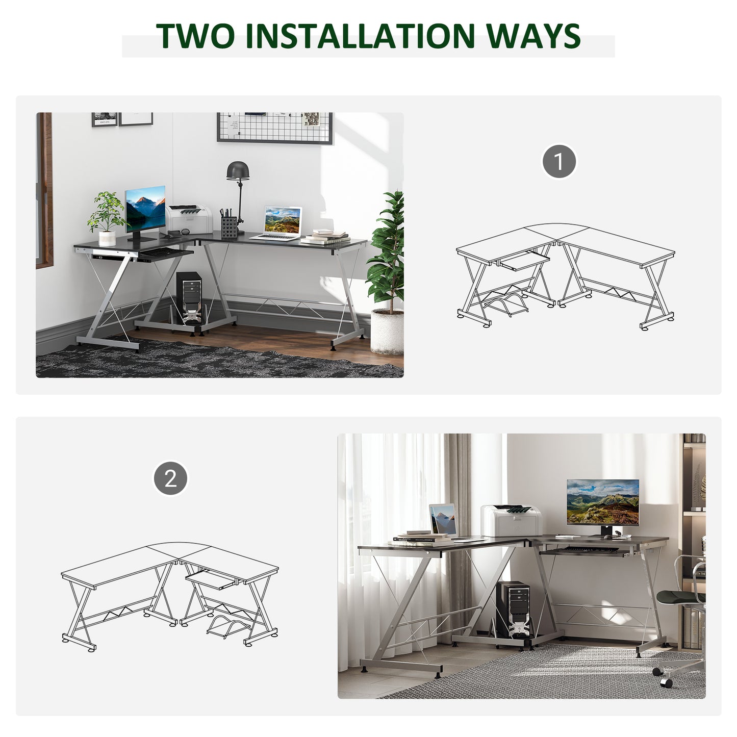 Corner L-Shaped Computer Desk with Keyboard Tray for PC Laptop or Desktop, Workstation Stand Home Office Furniture