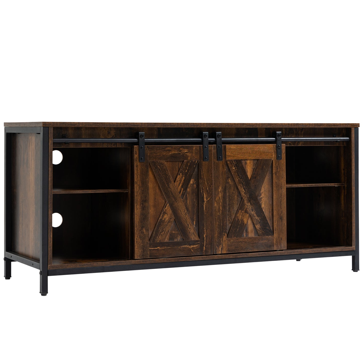 Industrial TV Stand for TVs up to 60", TV Console with Storage and 2 Sliding Barn Doors, Freestanding Entertainment Unit for Living Room, Brown