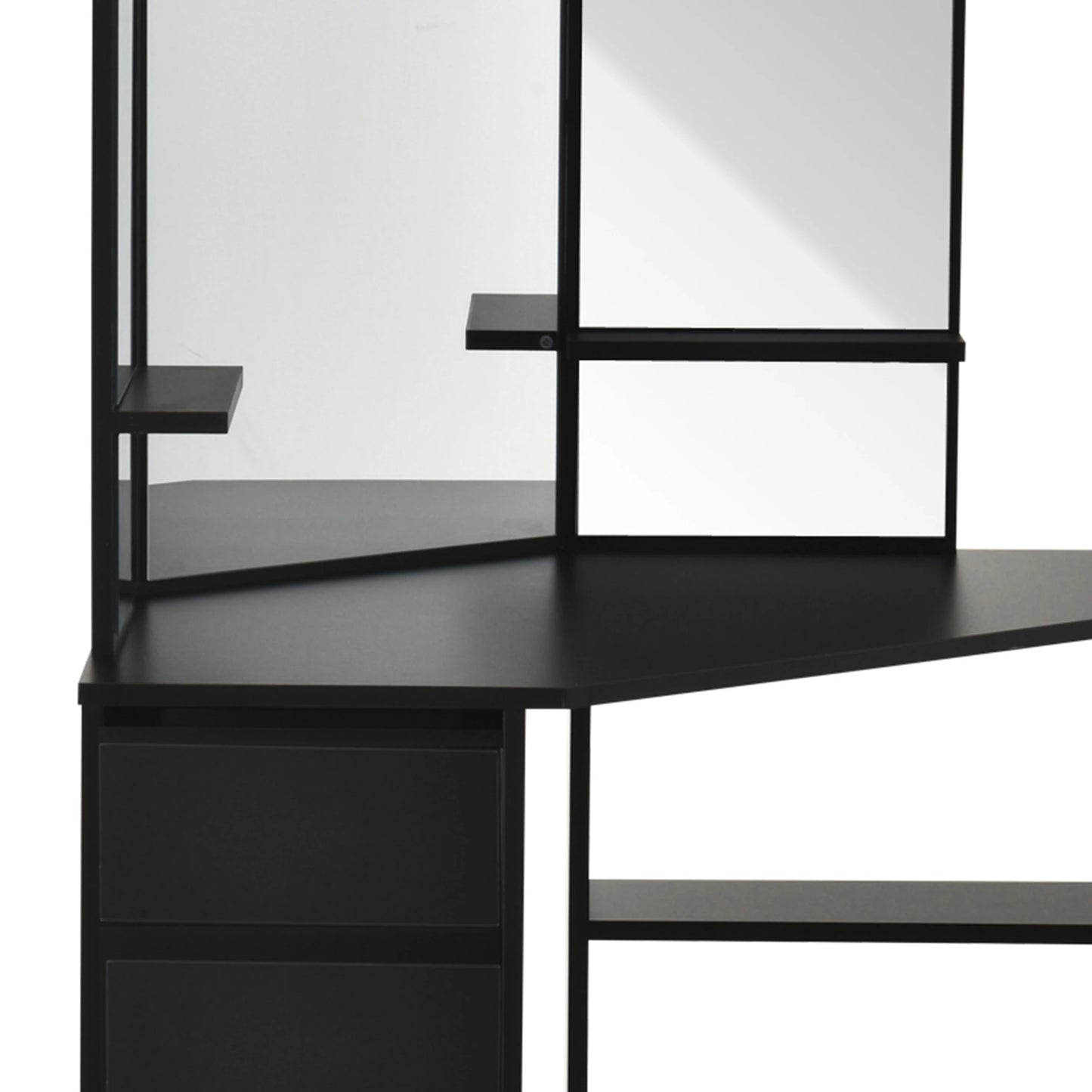 Corner Vanity Table, Makeup Desk with Three-Fold Mirror and 5 Drawers, Black