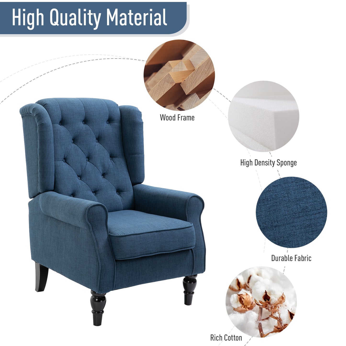 Button-Tufted Accent Chair with High Wing Back, Rounded Cushioned Armrests and Thick Padded Seat, Blue