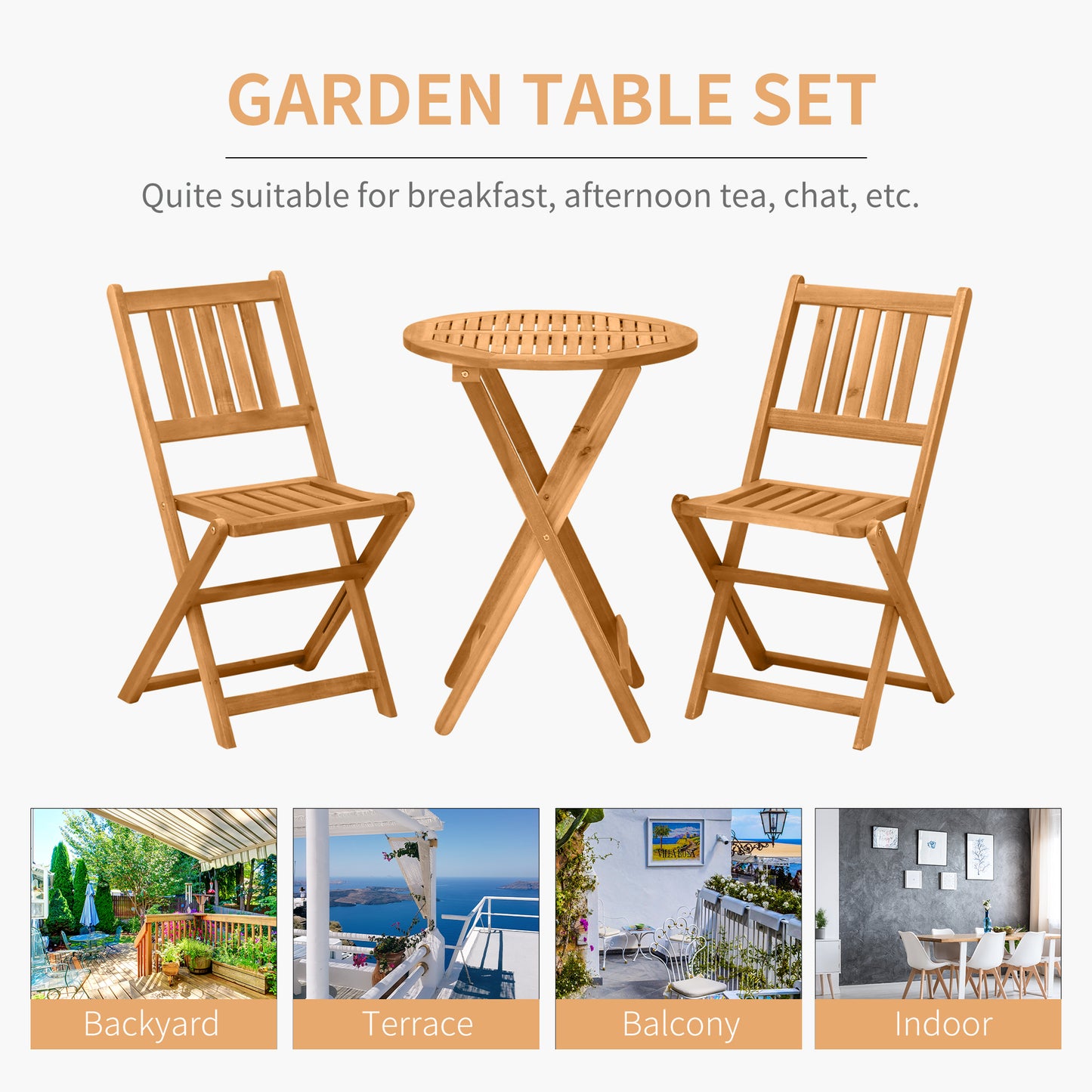 Outsunny 3 Piece Folding Patio Bistro Set Dining Table Set Table and 2 Chairs Acacia Wood