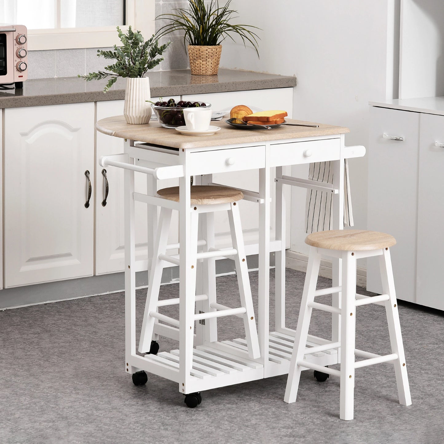 Kitchen Trolley 3 Piece Kitchen Cart Set Drop Leaf Breakfast Table and 2 Stools w/ Rolling Wheels & Towel Bars, Wood & White