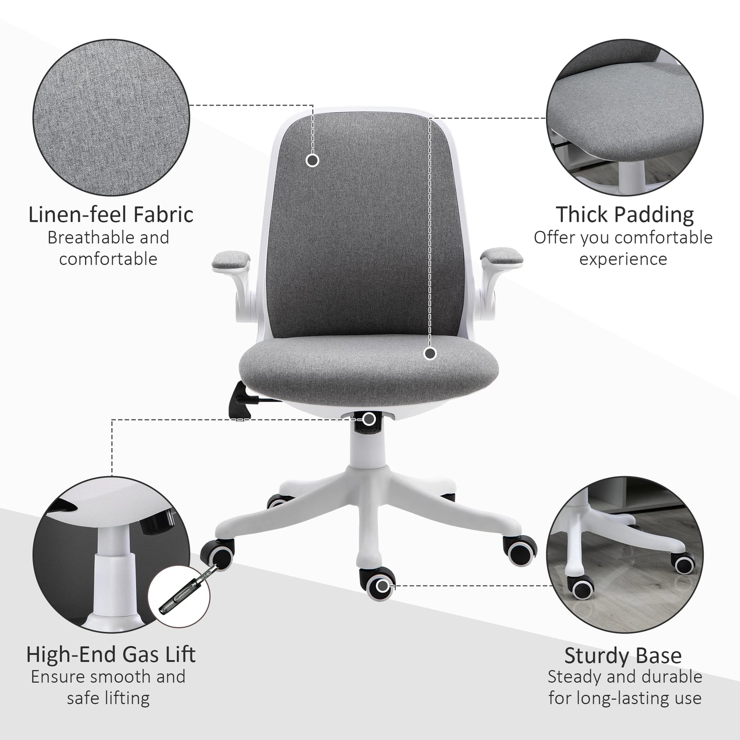 360° Swivel Task Desk Office Chair Breathable Fabric Computer Chair with Flip-up Arms and Adjustable Height, Grey