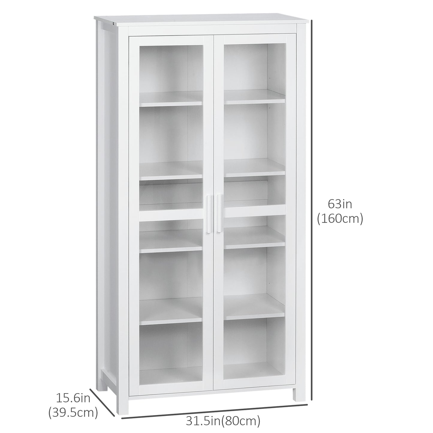 Freestanding Kitchen Pantry, 5-tier Storage Cabinet with Adjustable Shelves and 2 Glass Doors for Living Room, Dining Room, White