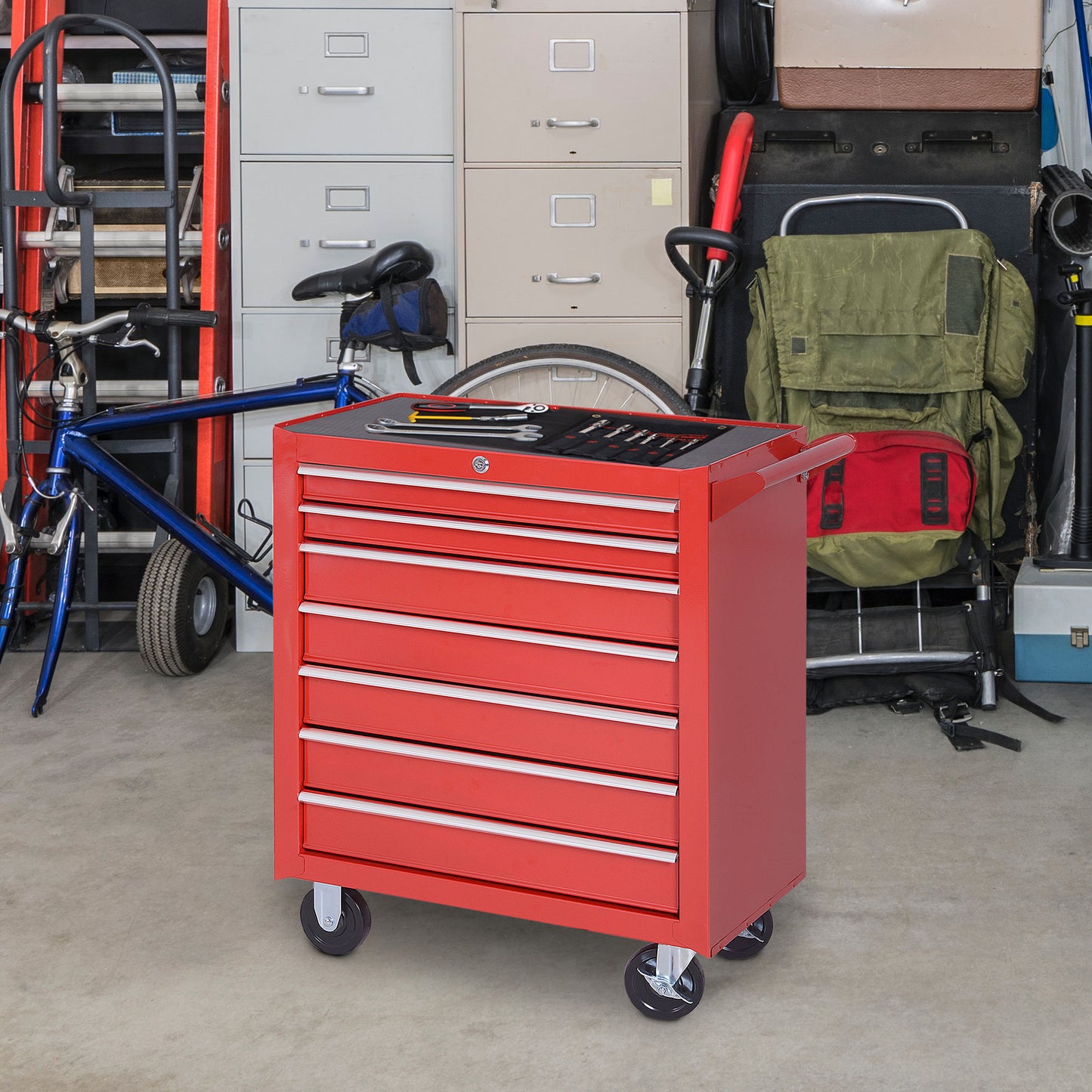 7 Drawer Roller Tool Chest, Mobile Lockable Toolbox, Storage Organizer with Handle for Workshop Mechanics Garage, Red