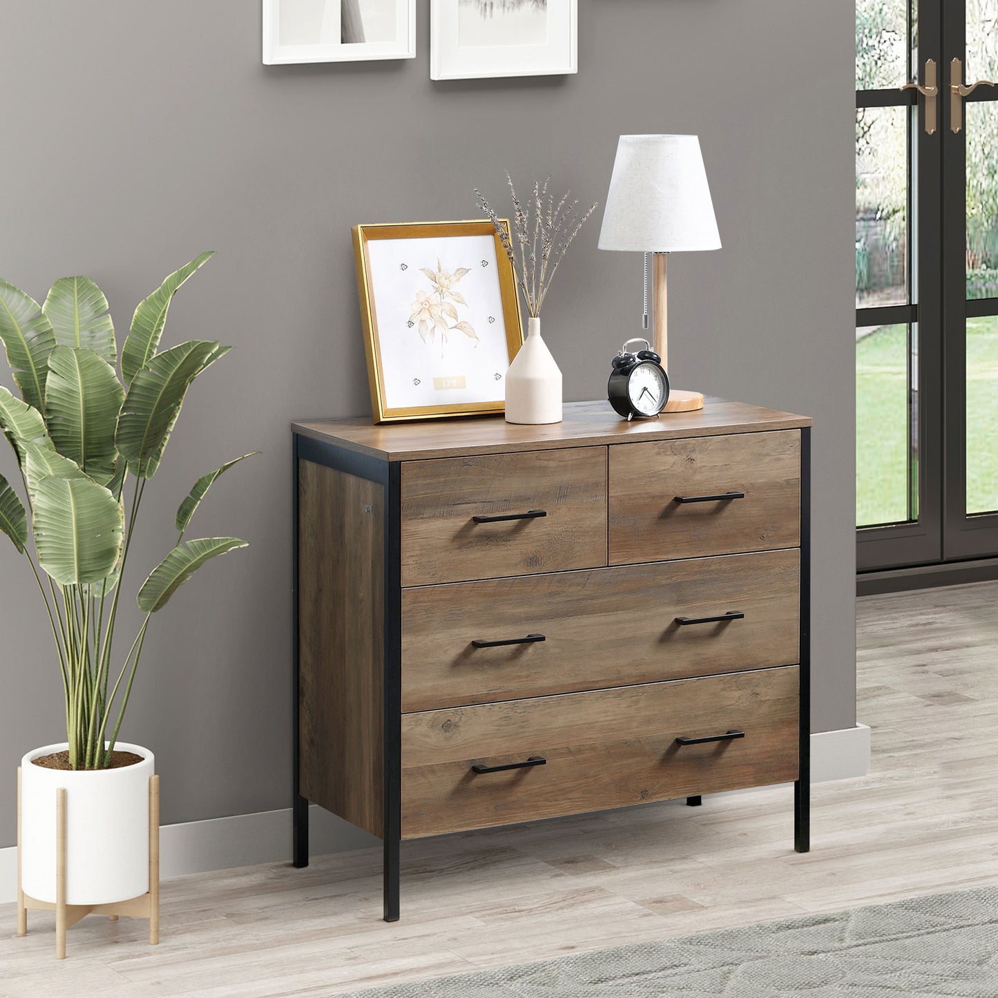 4 Drawer Dresser, Chest of Drawers with Metal Frame and Handles for Living Room, Brown