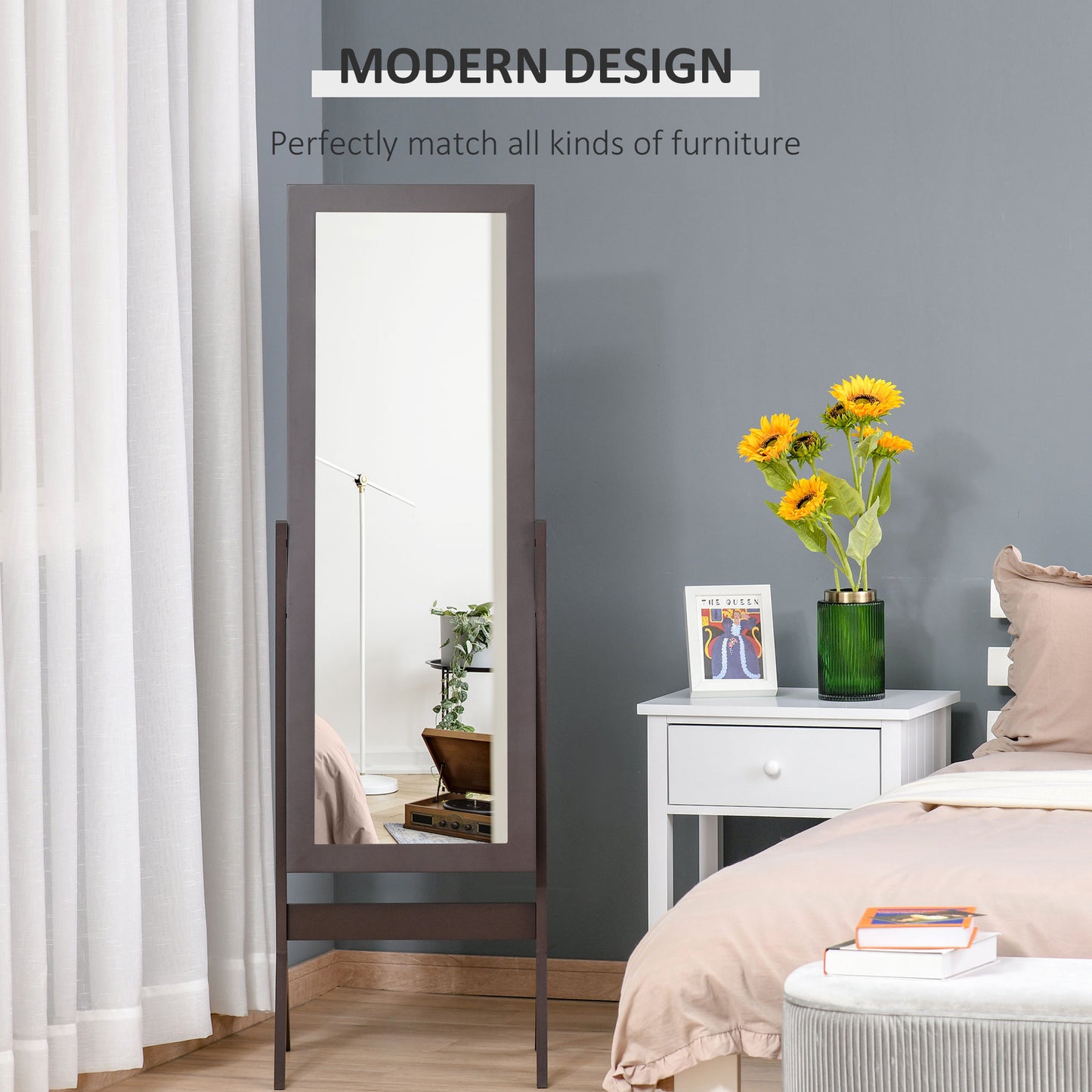 Free-standing Full-length Jewelry Dressing Mirror Angle Adjustable Living Room Bedroom Dark Brown