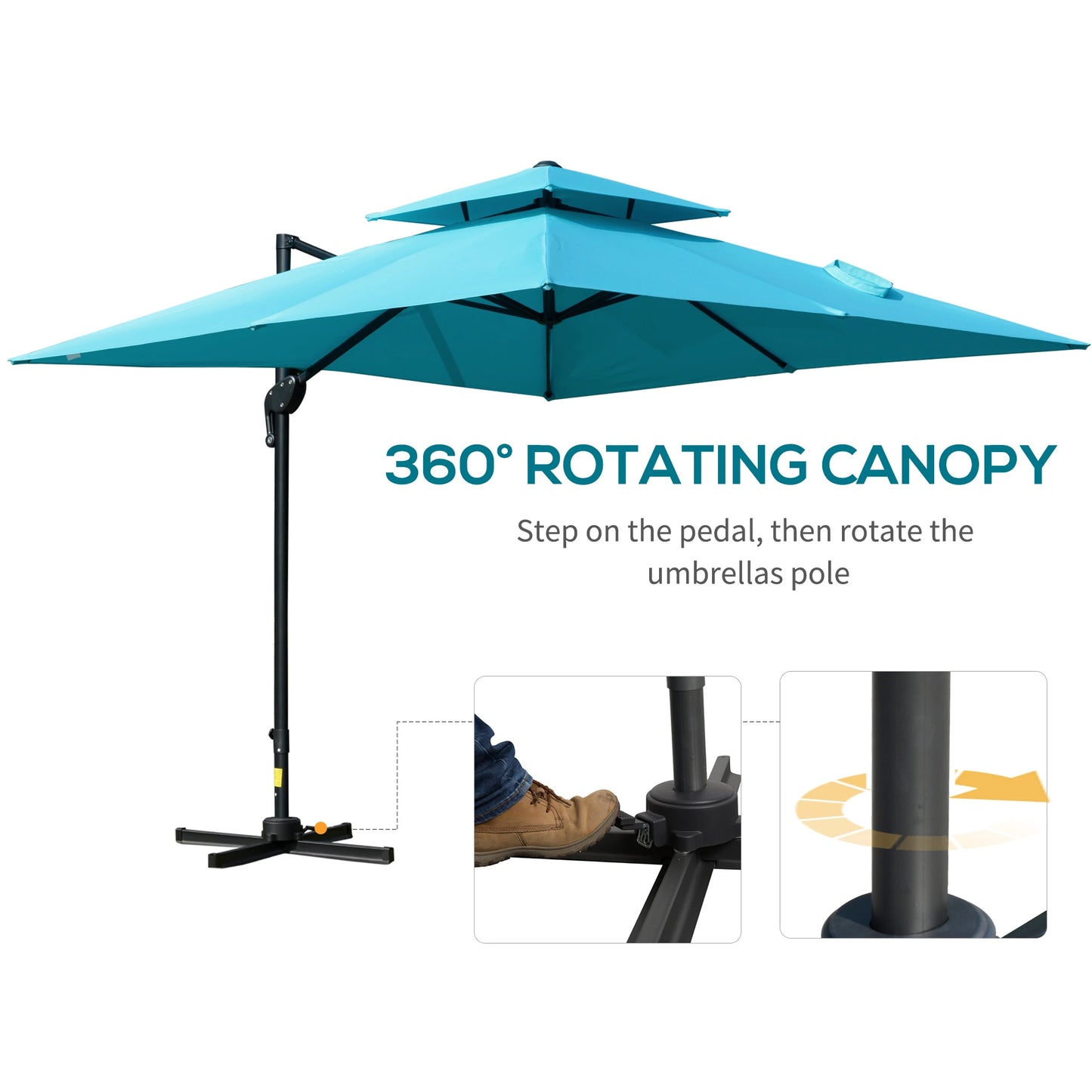 Outsunny 10' x 10' Patio Umbrella Outdoor Square Cantilever Offset Umbrella Aluminum with 360° Rotation, 5 Adjustable Tilt Angles and Umbrella Cover, Light Blue