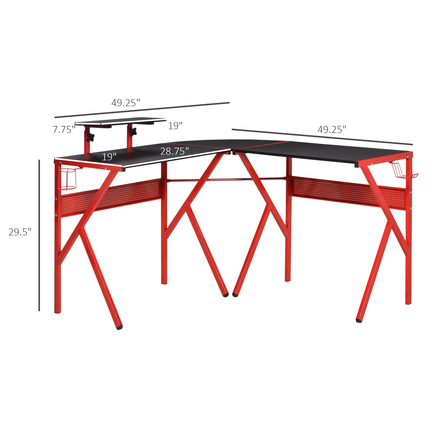 Gaming Desk, L-Shaped Corner Computer Table for Home Office, Workstations with Adjustable Monitor Stand Cup Holder Headphone Hook 49.25" x 49.25" x 29.5" Red