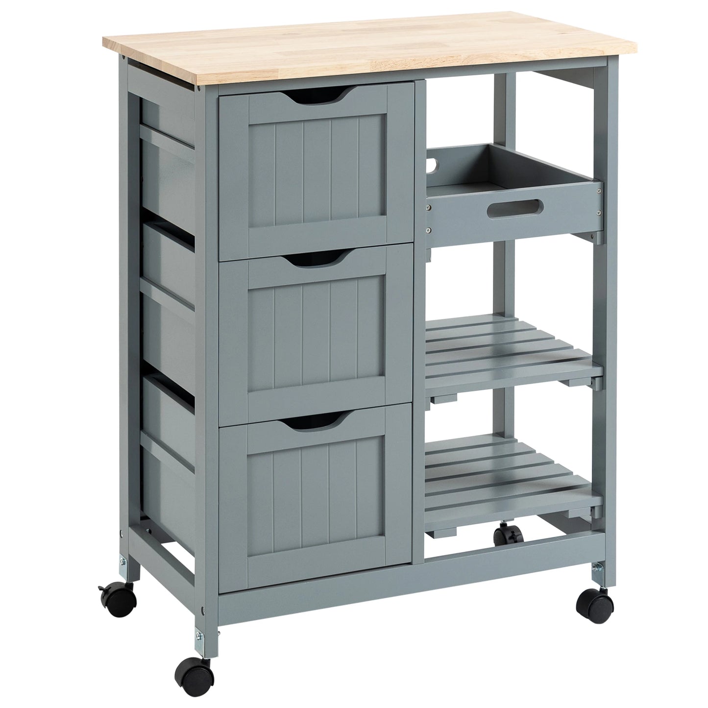 Rolling Kitchen Island Cart, Bar Serving Cart, Compact Trolley on Wheels with Wood Top, Shelves & Drawers for Home Dining Area, Grey