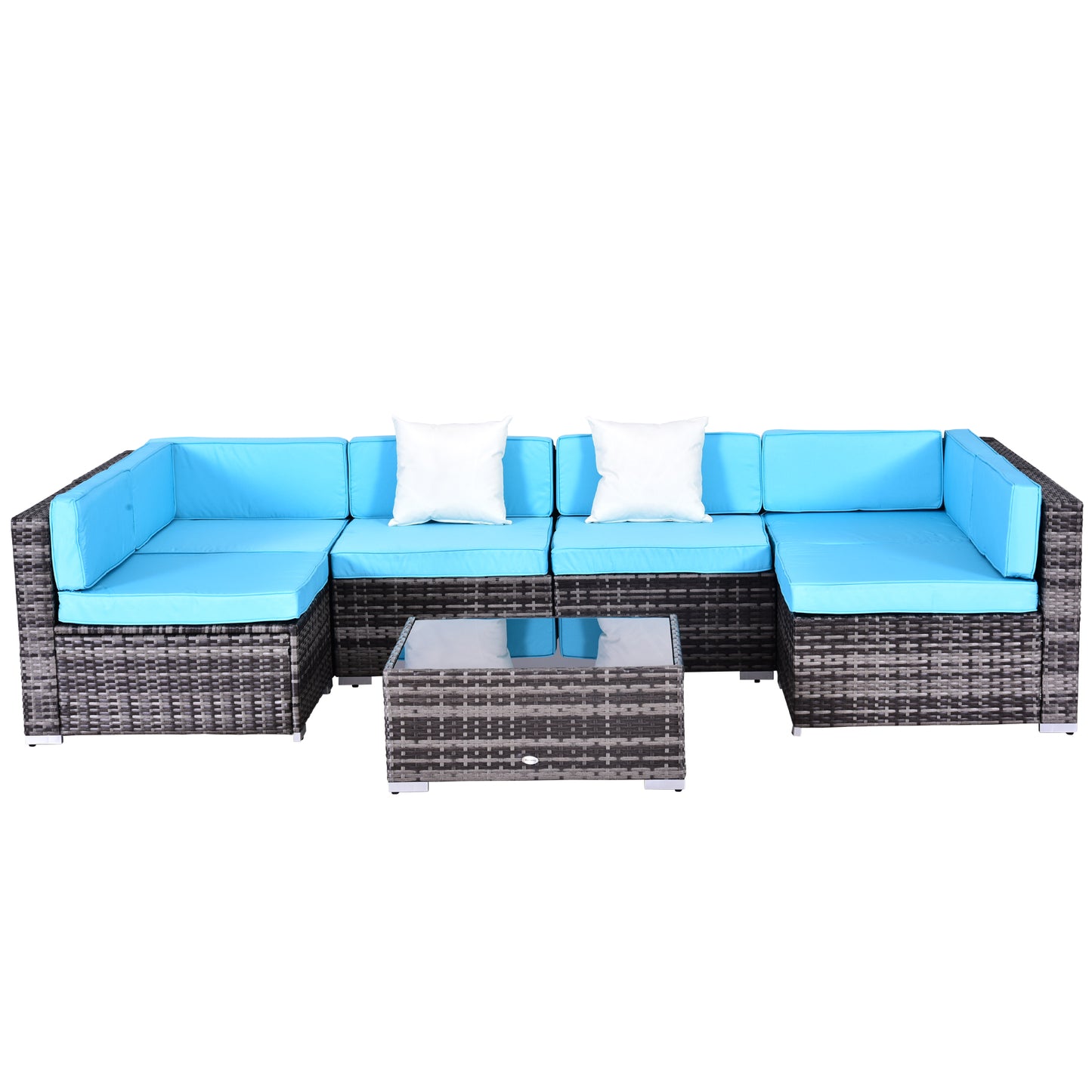 Outsunny 7 Pieces Outdoor Rattan Furniture Set, Patio Wicker Sectional Conversation Sofa Set w/Cushions & Tempered Glass Coffee Table