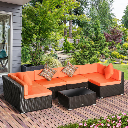 Outsunny 7pc Garden Wicker Sectional Set w/Tea Table Patio Rattan Lounge Sofa with Cushion Outdoor Deck Furniture All Weather Orange