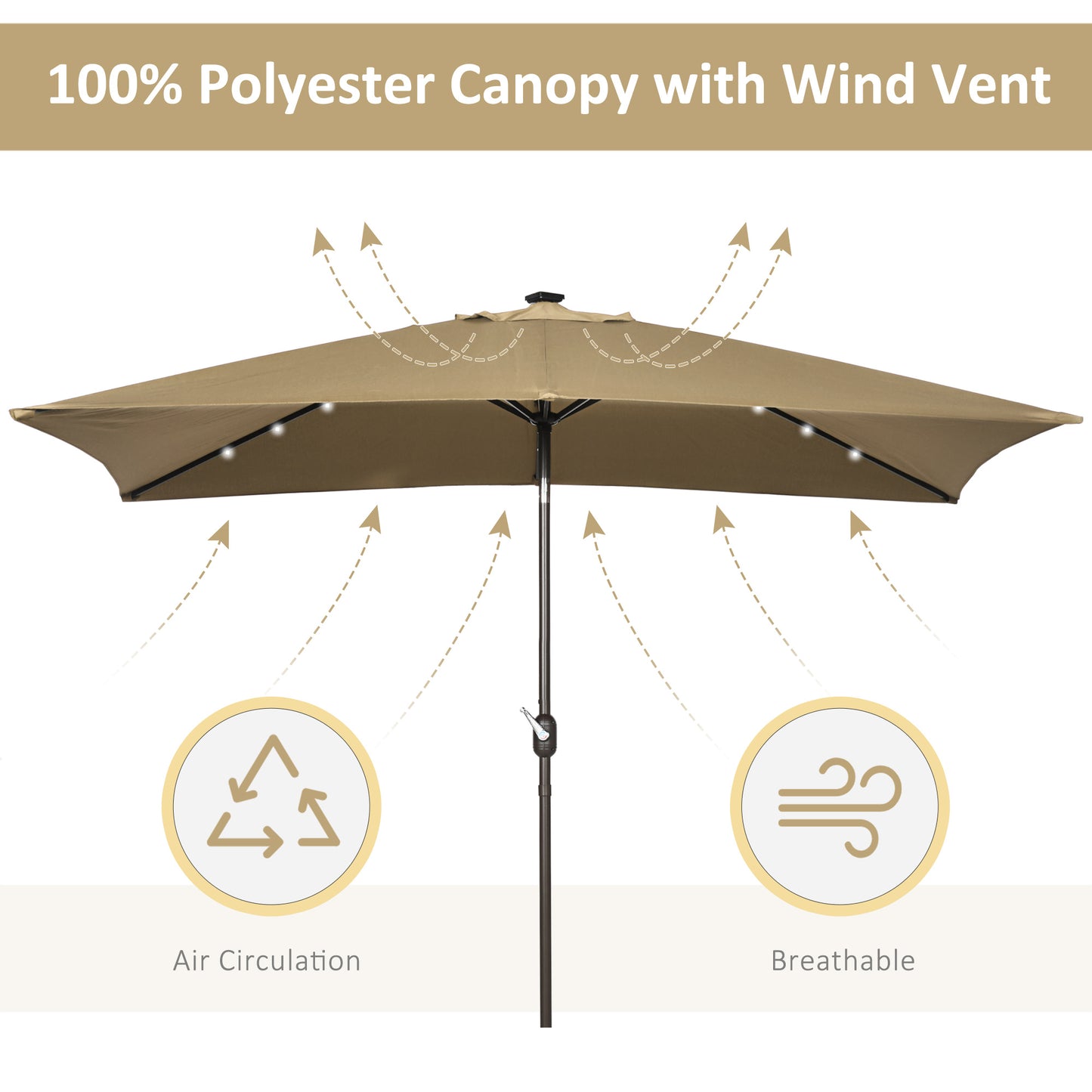 Outsunny 6.5x10ft Patio Umbrella Rectangle Solar Powered Tilt Aluminum Outdoor Market Parasol with LEDs Crank (Light Coffee)