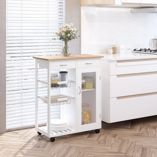 34" Rolling Wood Kitchen Trolley Serving Cart with Drawer and Cabinet Wheeled Kitchen Storage Island White with Bamboo Top